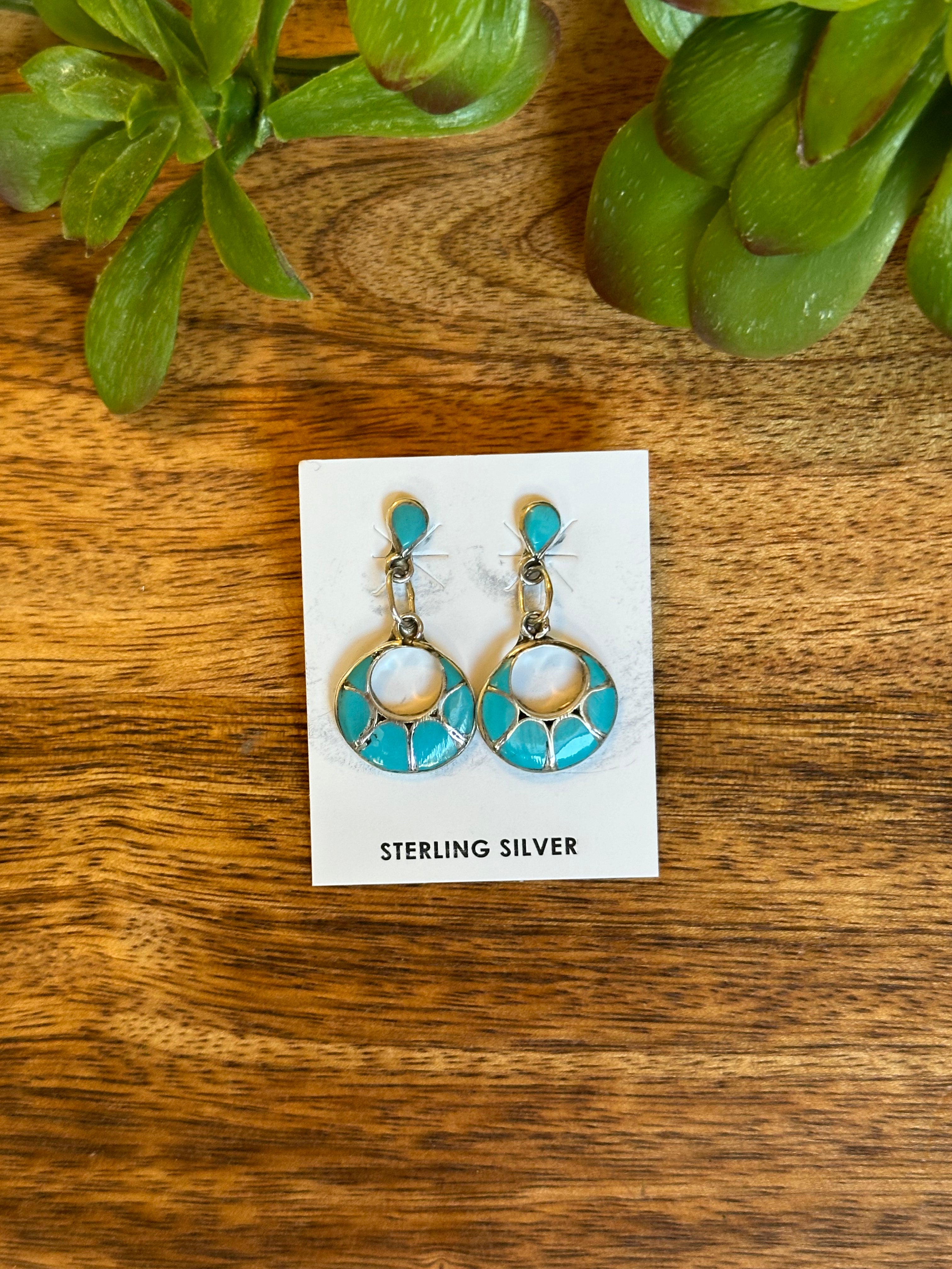 Navajo Made Turquoise & Sterling Silver  Dangle Post Inlay Earrings