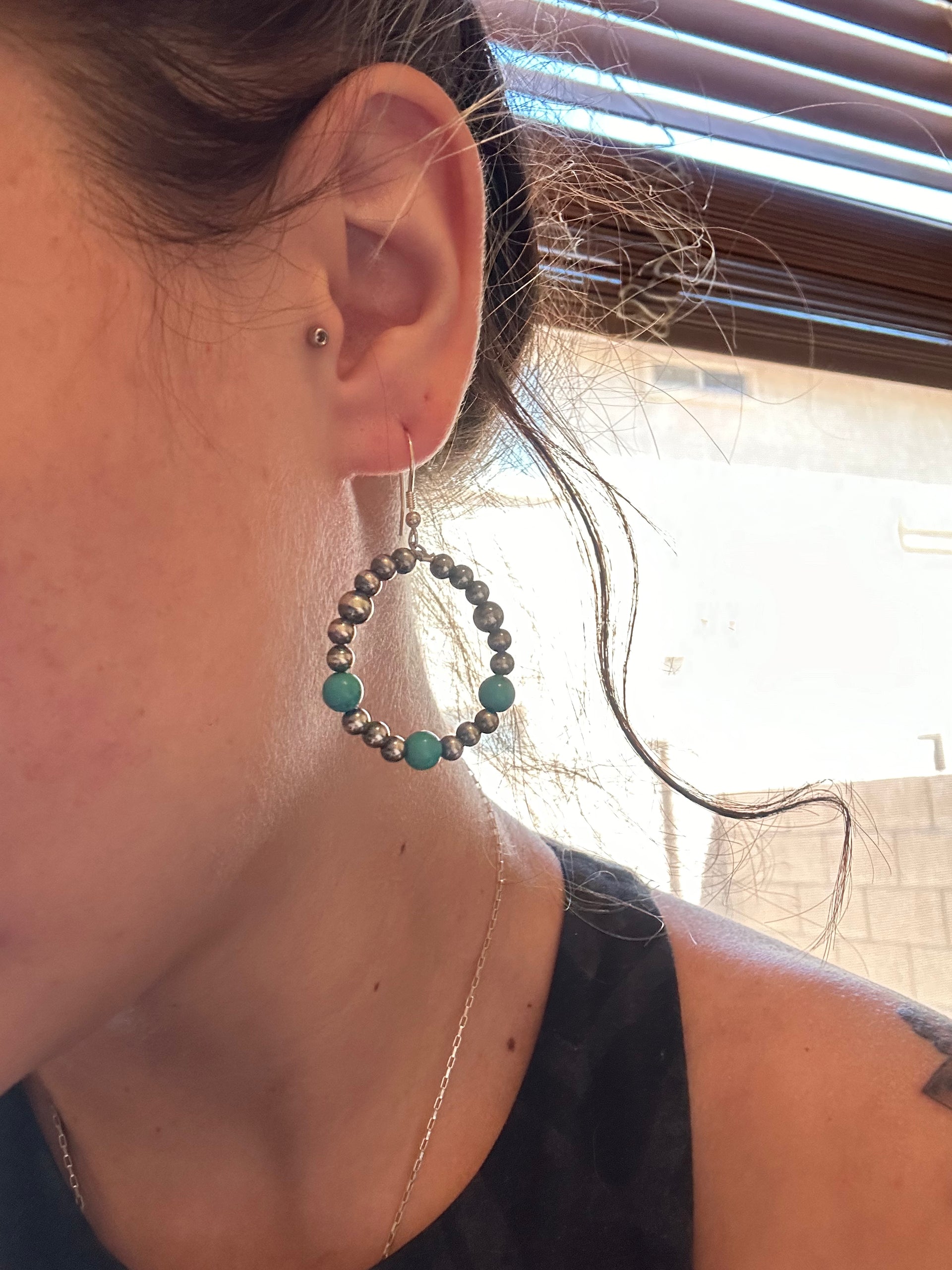Navajo Made Kingman Turquoise & Sterling Silver Pearls Dangle Hoop Earrings