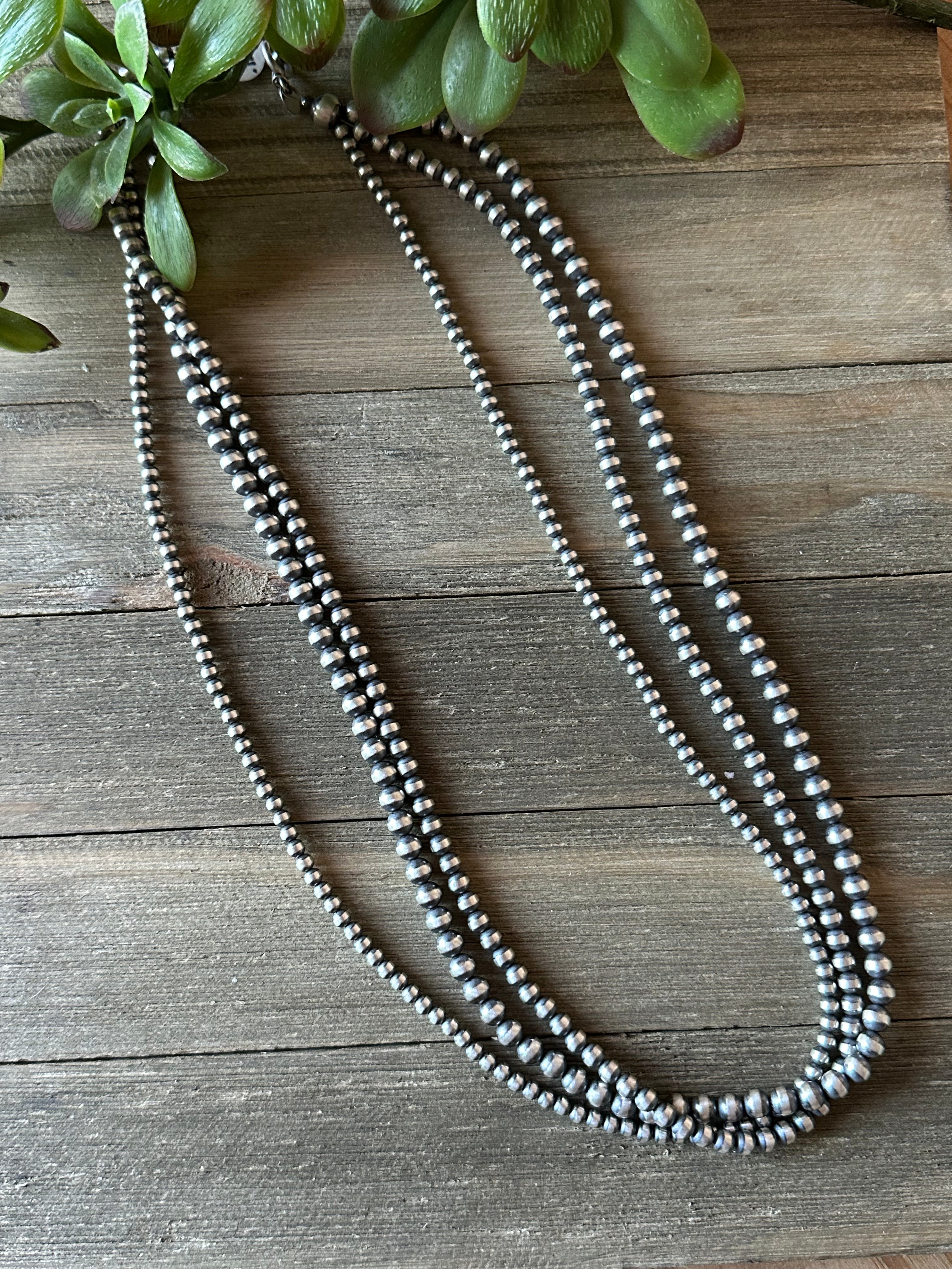 Navajo Strung Sterling Silver Beaded 3 Strand Necklace