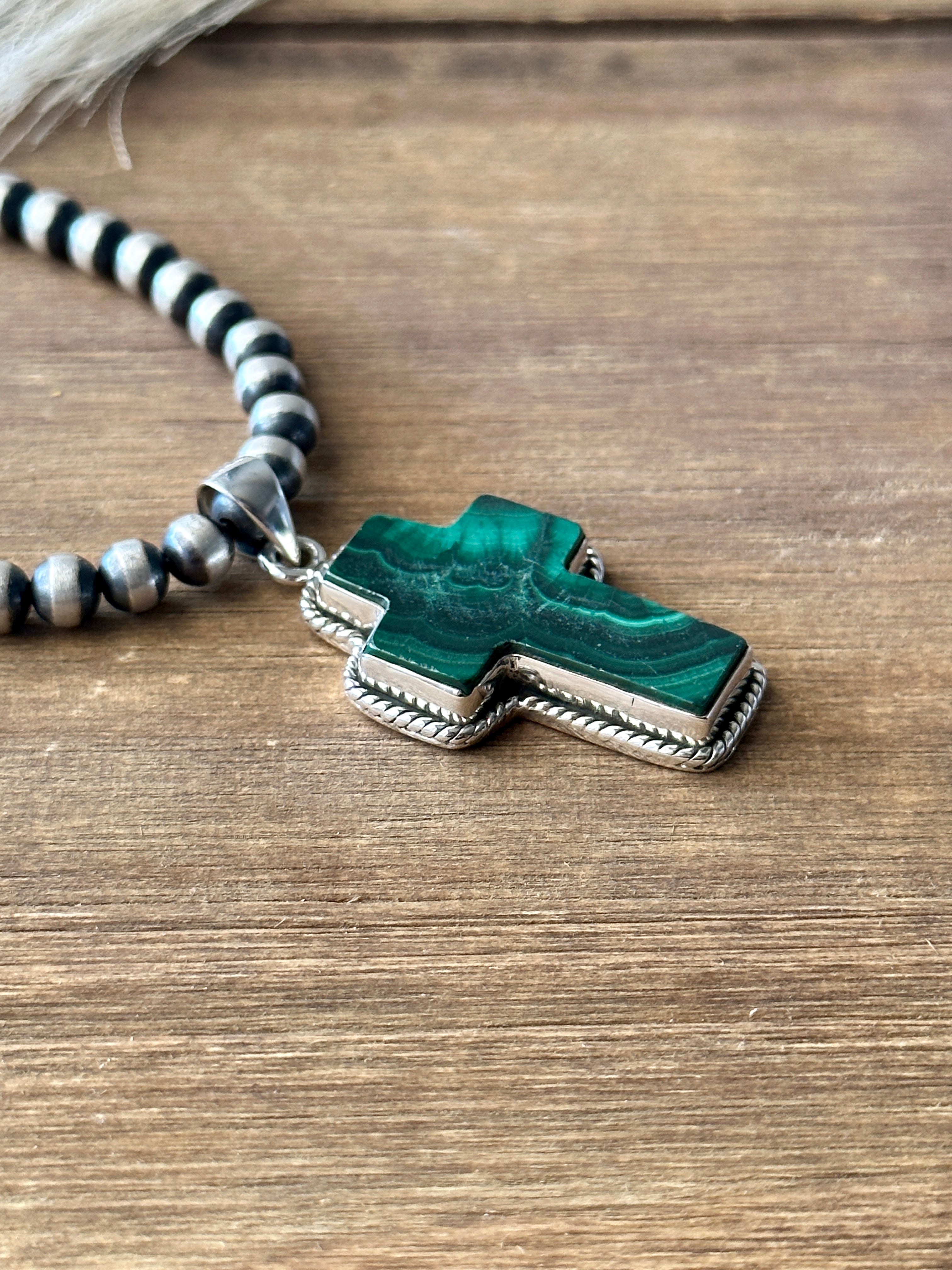 Southwest Handmade Malachite & Sterling Silver Cross Pendant