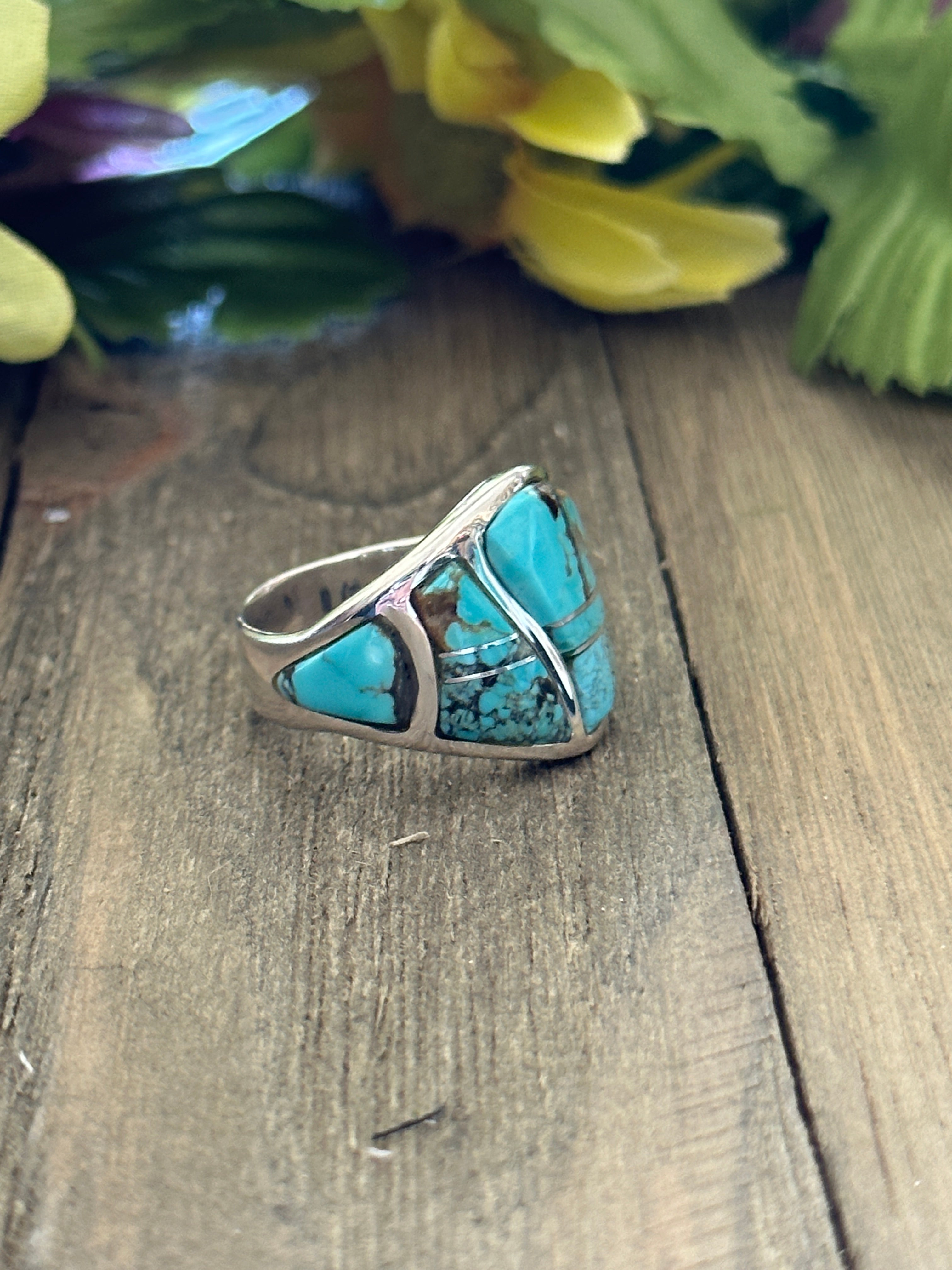 Navajo Made #8 Turquoise & Sterling Silver Inlay Ring Size 9.5