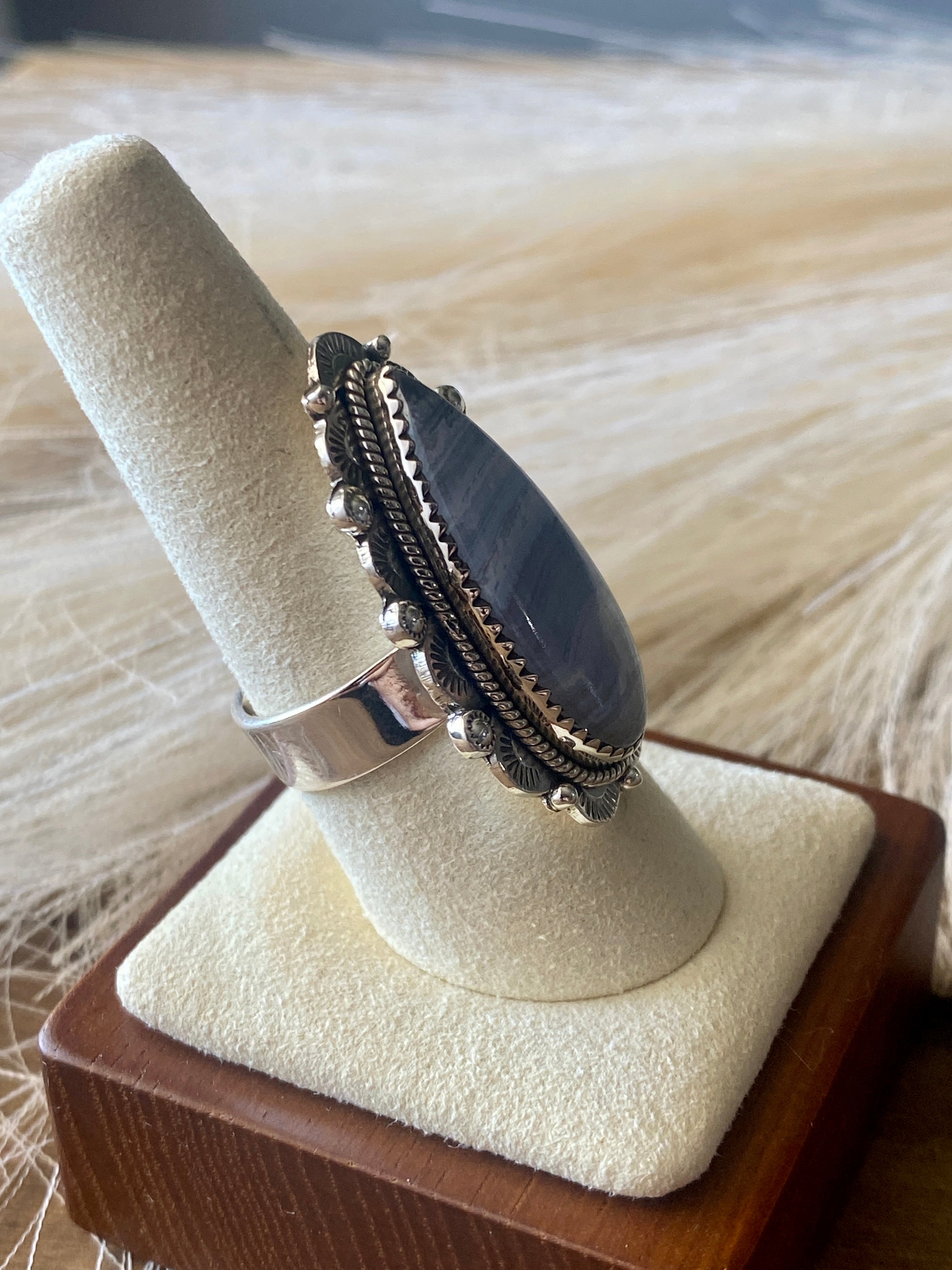 Southwest Handmade Blue Lace Agate & Sterling Silver Adjustable Ring