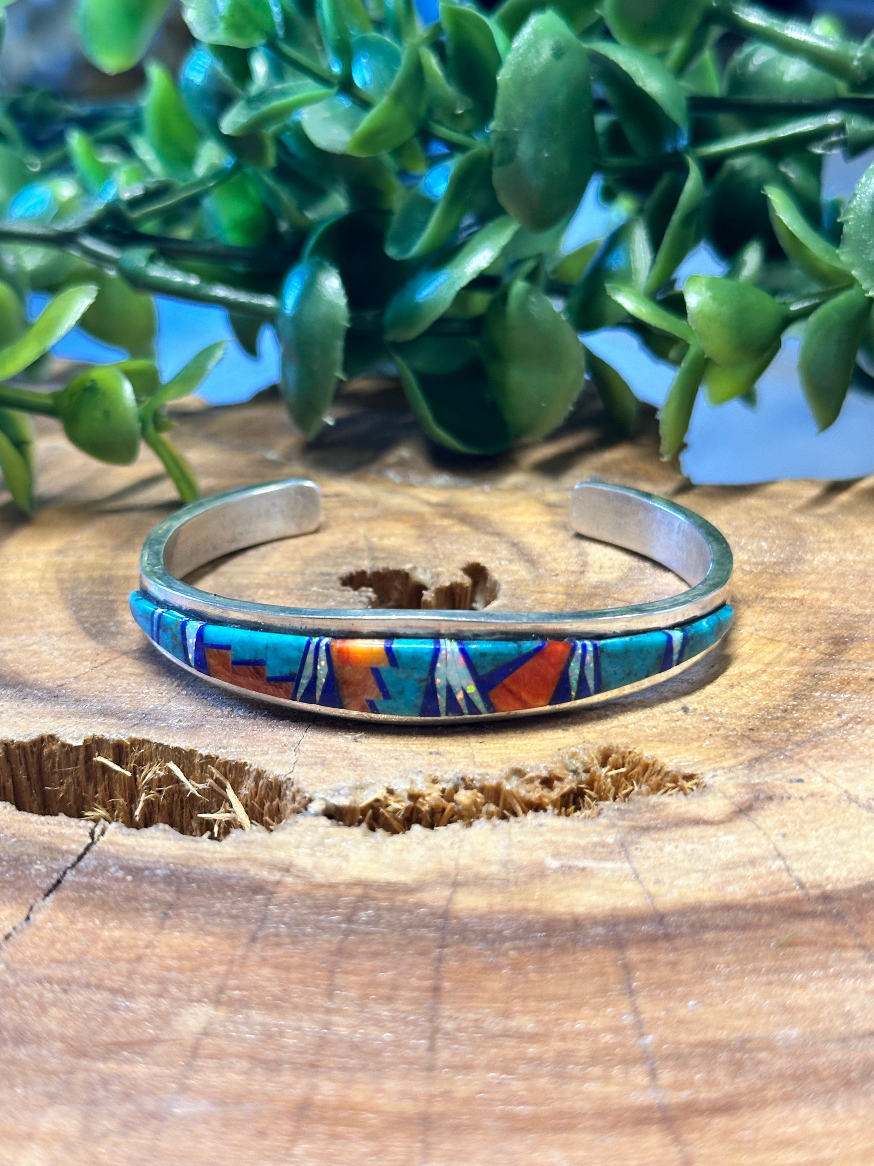 Navajo Made Multi Stone & Sterling Silver Inlay Cuff Bracelet