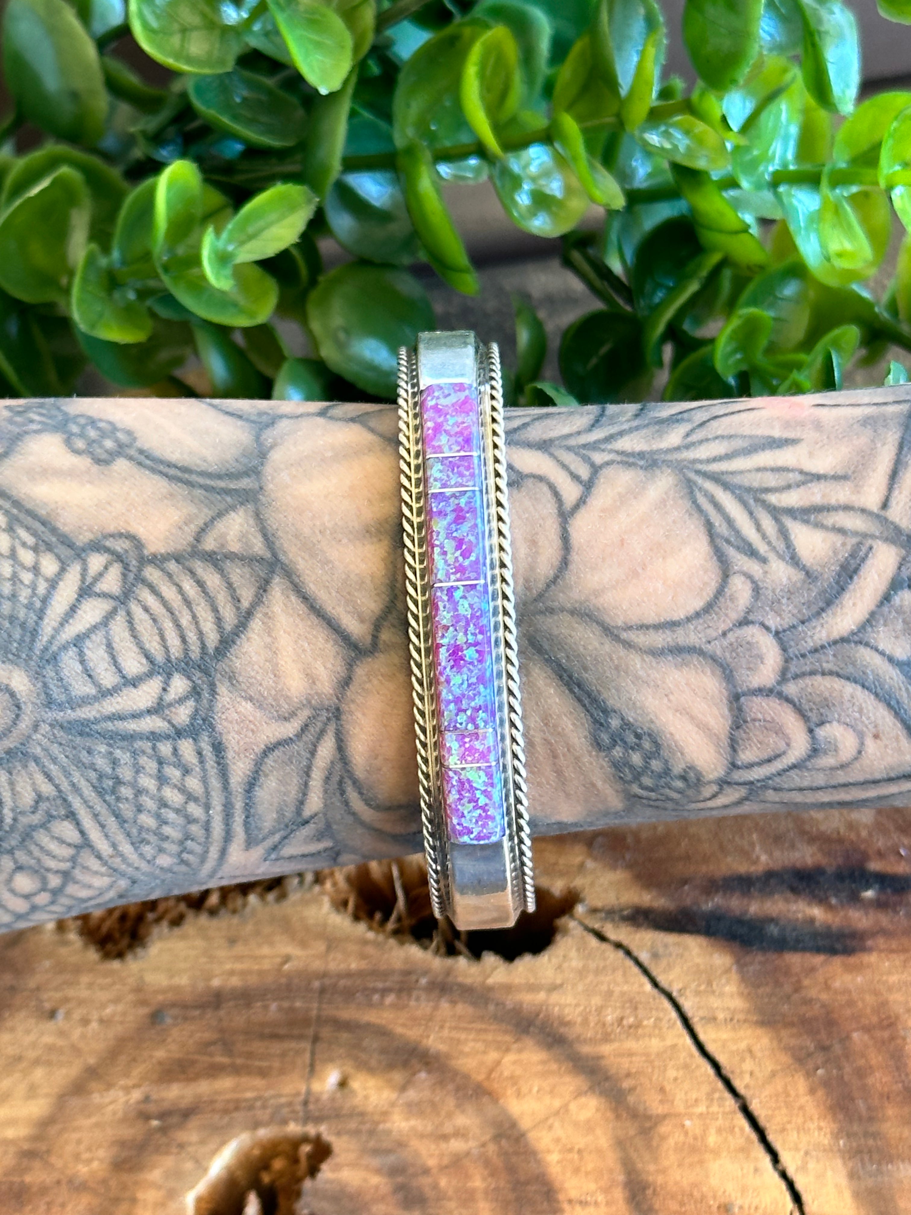 Francis Yazzie Opal (Man Made) & Sterling Silver Inlay Cuff Bracelet