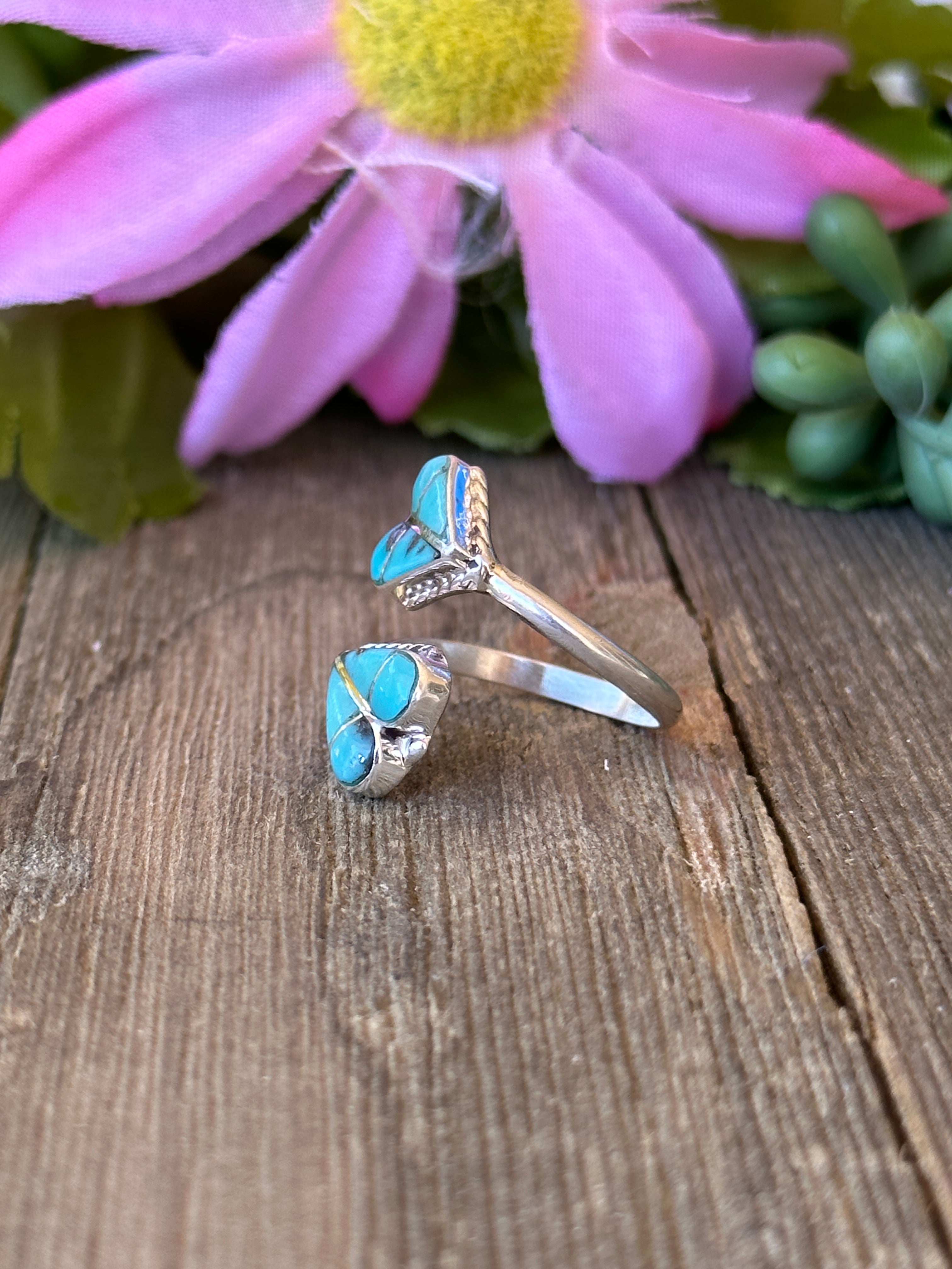 Zuni Made Kingman Turquoise & Sterling Silver Heart Adjustable Ring