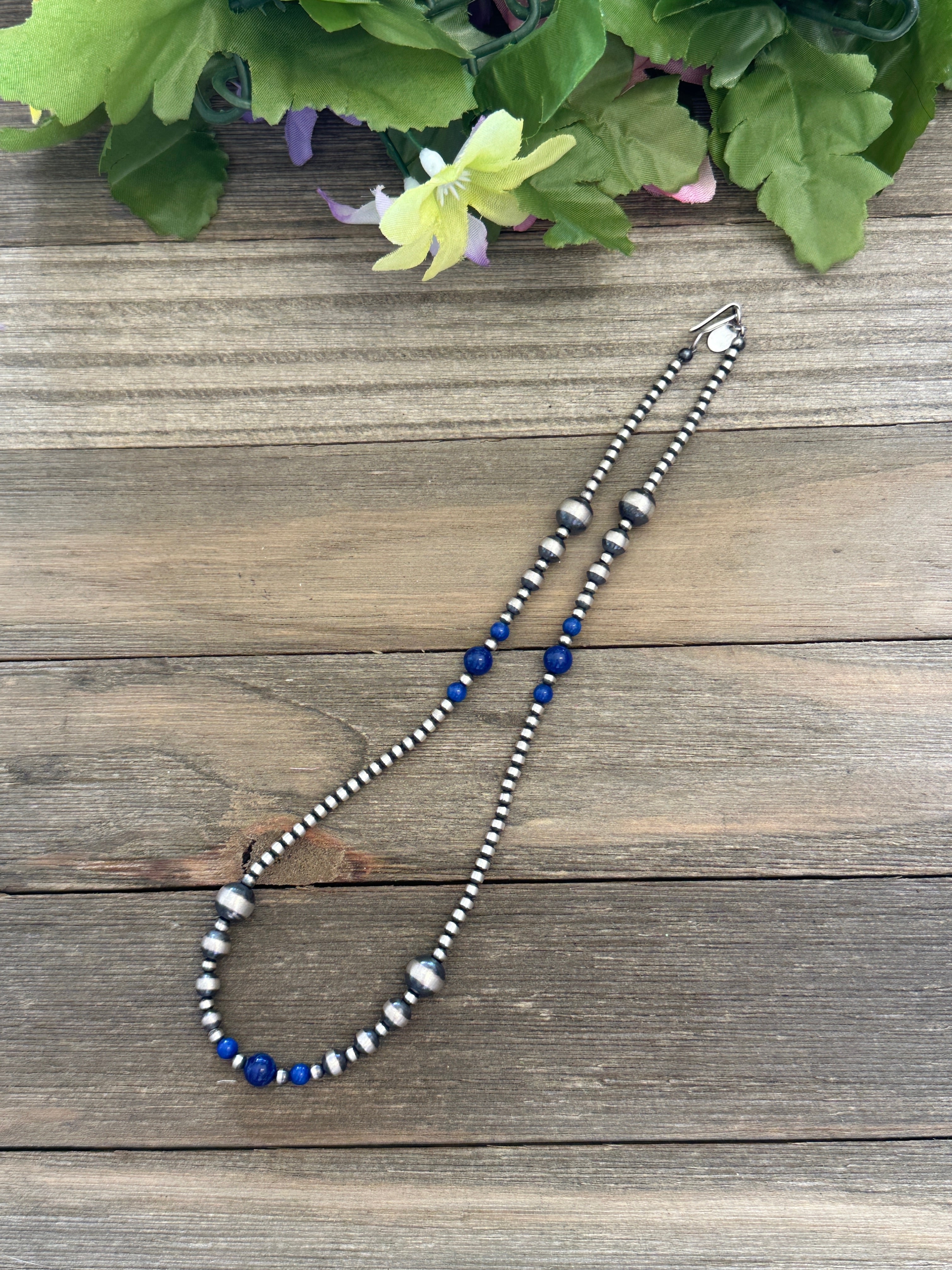 Navajo Strung Lapis & Sterling Silver Graduated Pearl Necklace