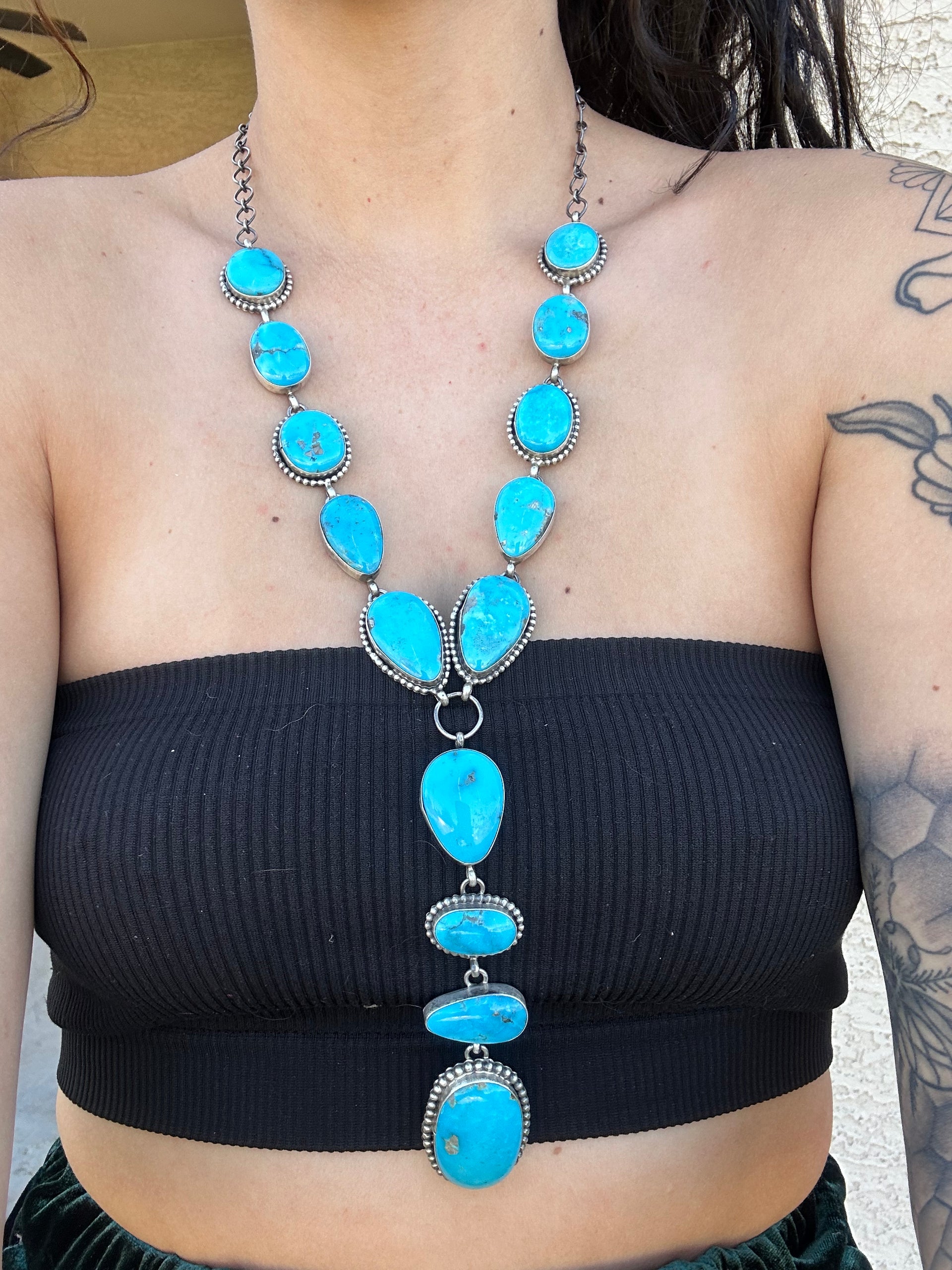 Navajo Made Kingman Turquoise and Sterling Silver Lariat Necklace Set