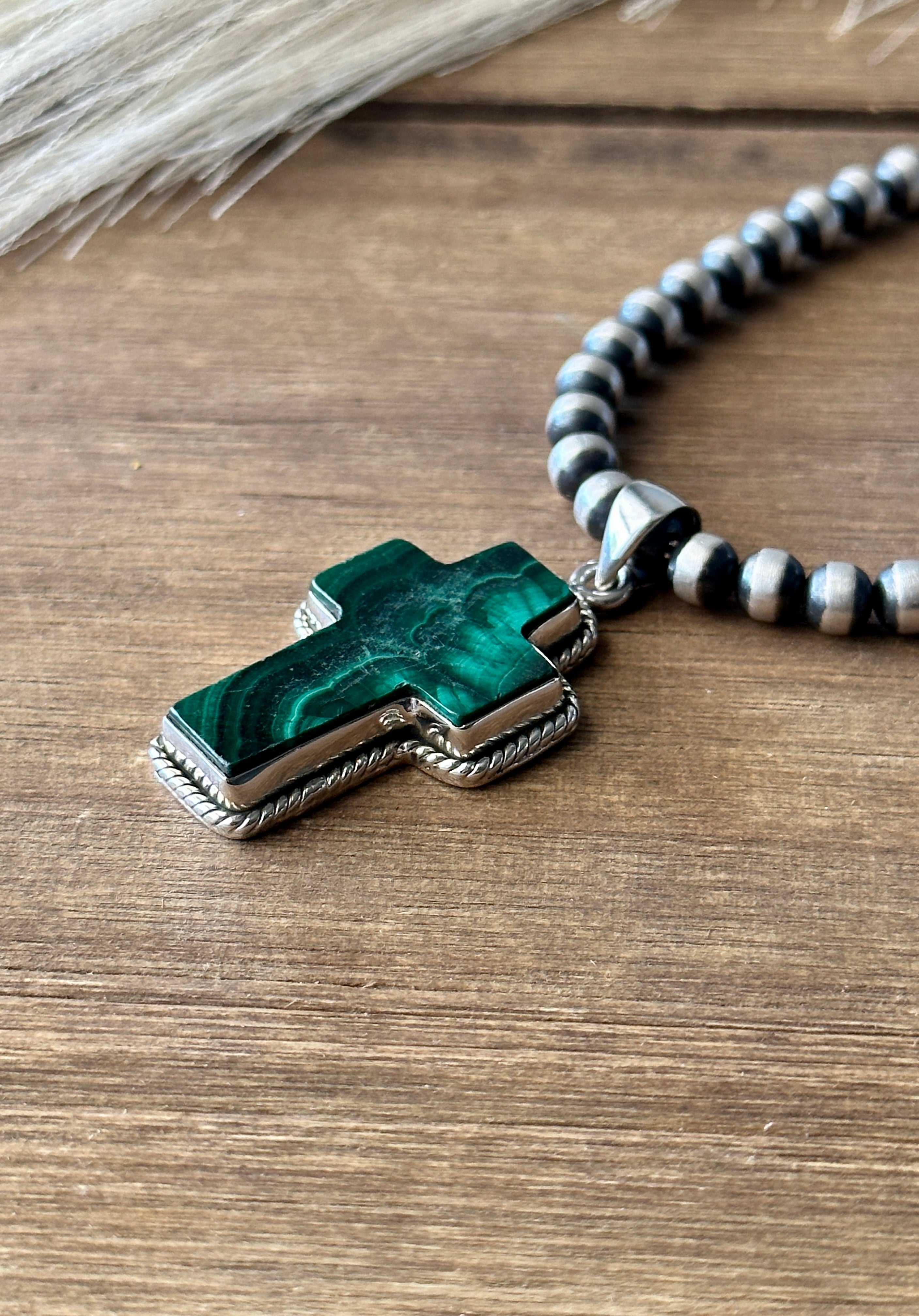 Southwest Handmade Malachite & Sterling Silver Cross Pendant