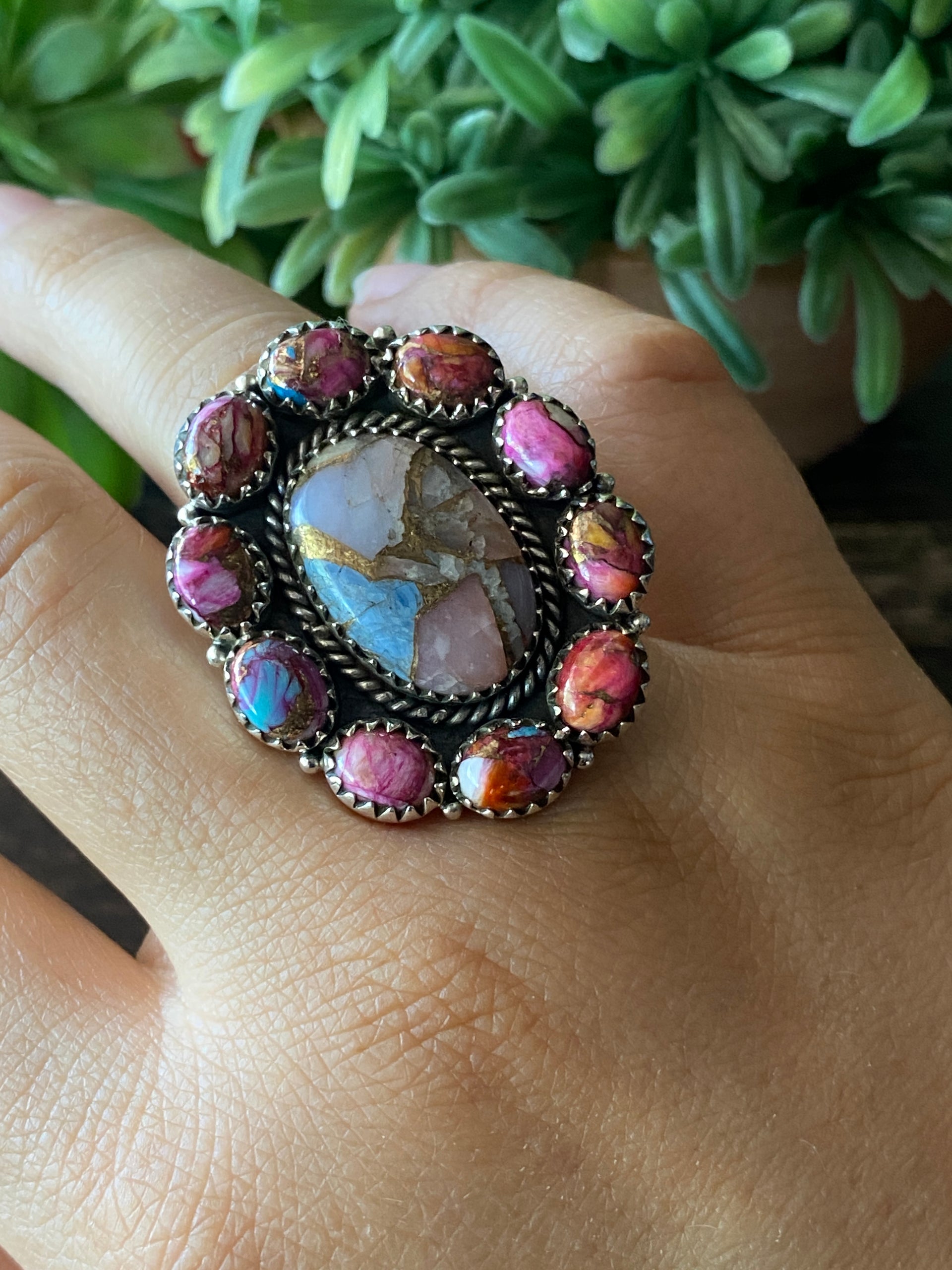 Southwest Handmade Multi Stone & Sterling Silver Adjustable Cluster Ring