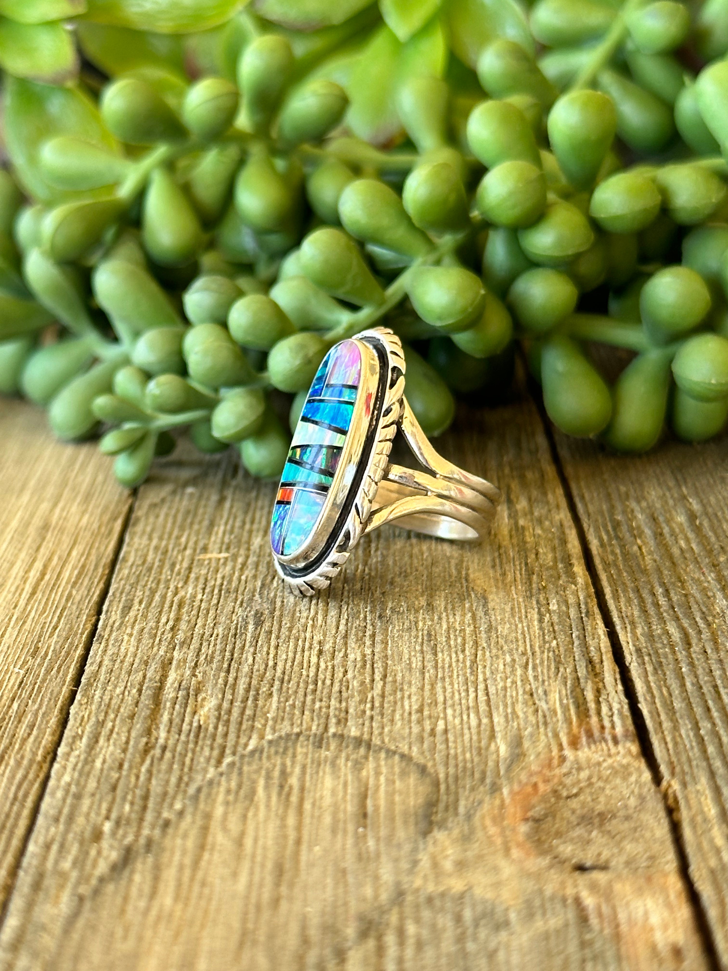 Navajo Made Multi Stone Ring & Sterling Silver Inlay Ring Size 7