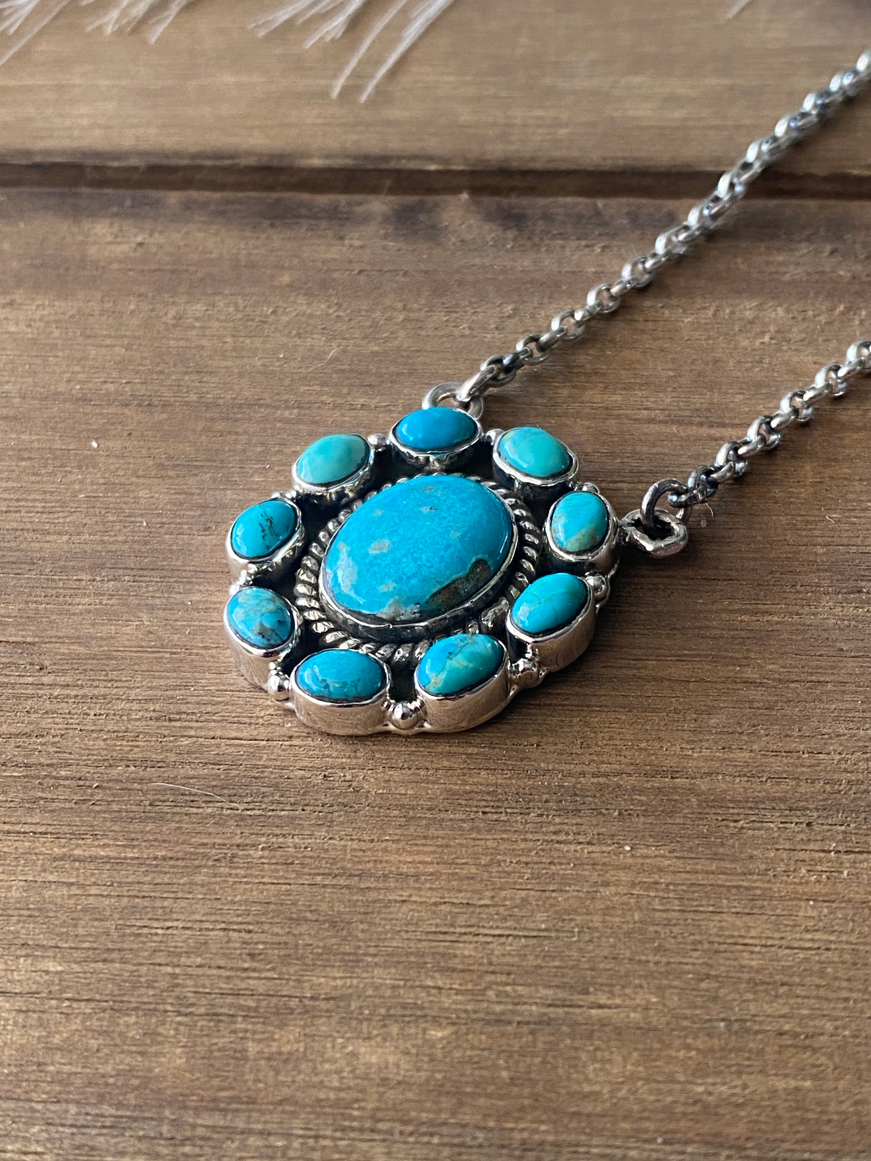 Southwest Handmade Kingman Turquoise & Sterling Silver Cluster Necklace