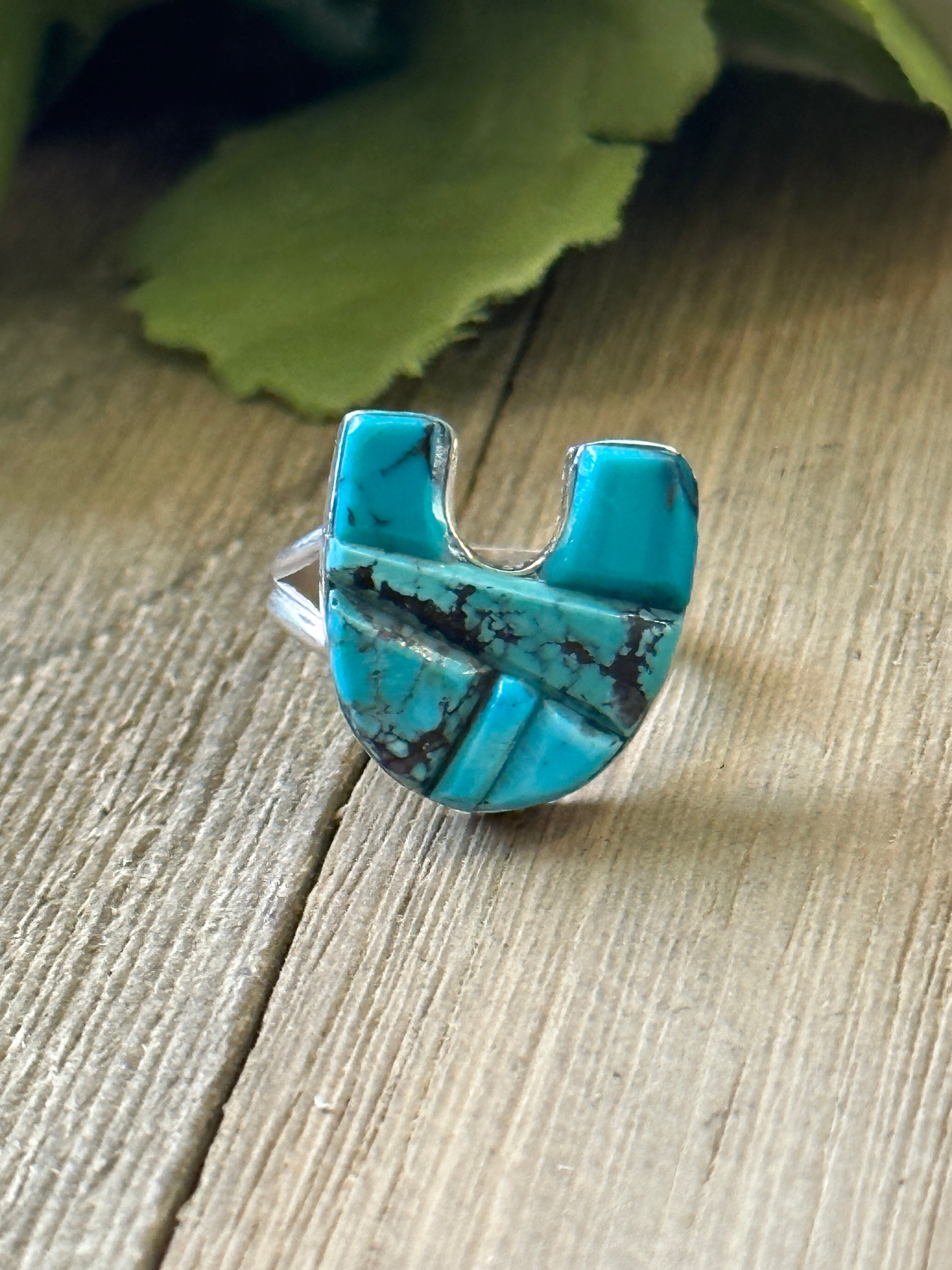 Navajo Made Turquoise & Sterling Silver Inlay Horseshoe Ring Size 7.75.