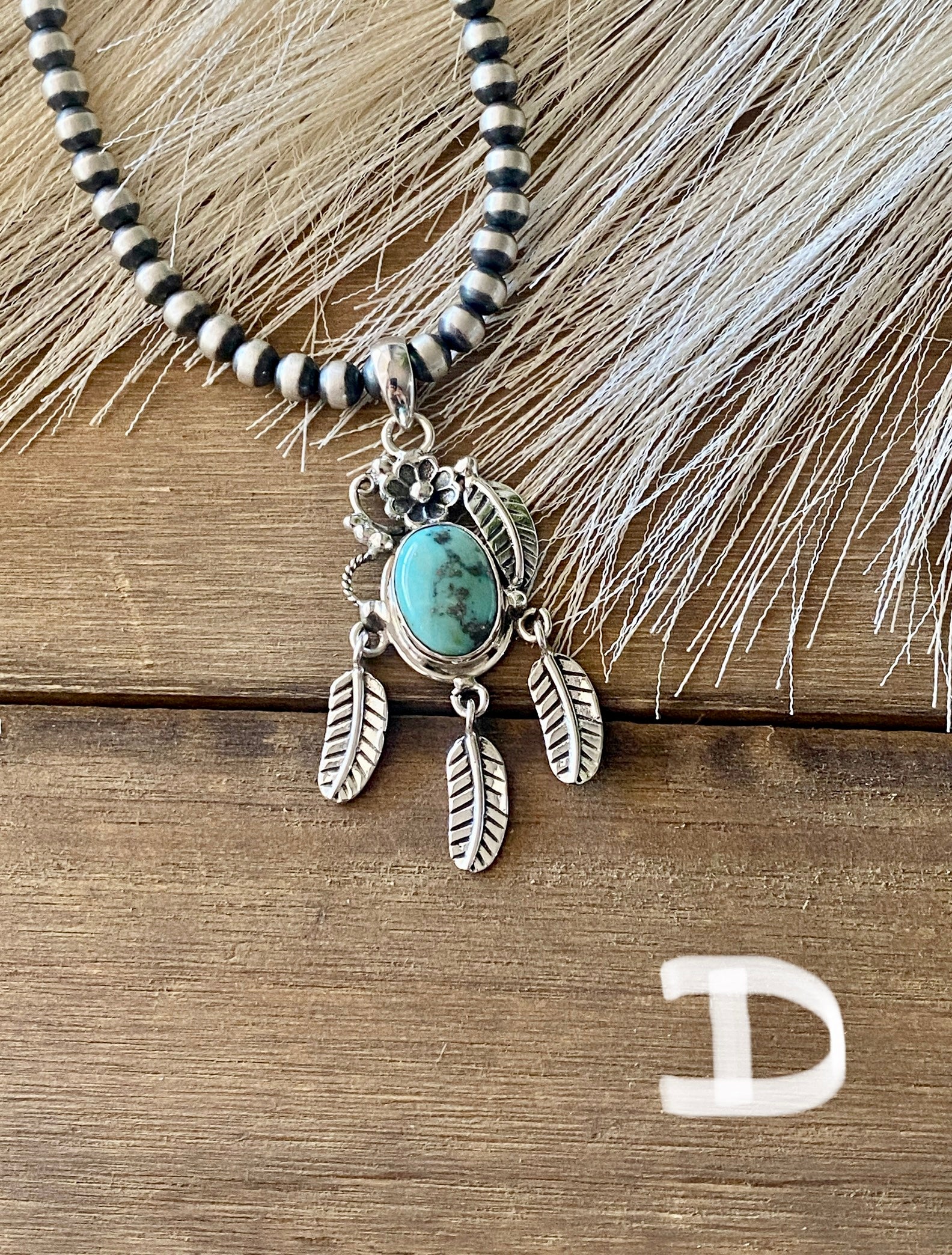 Southwest Handmade Kingman Turquoise & Sterling Silver Feather Pendant