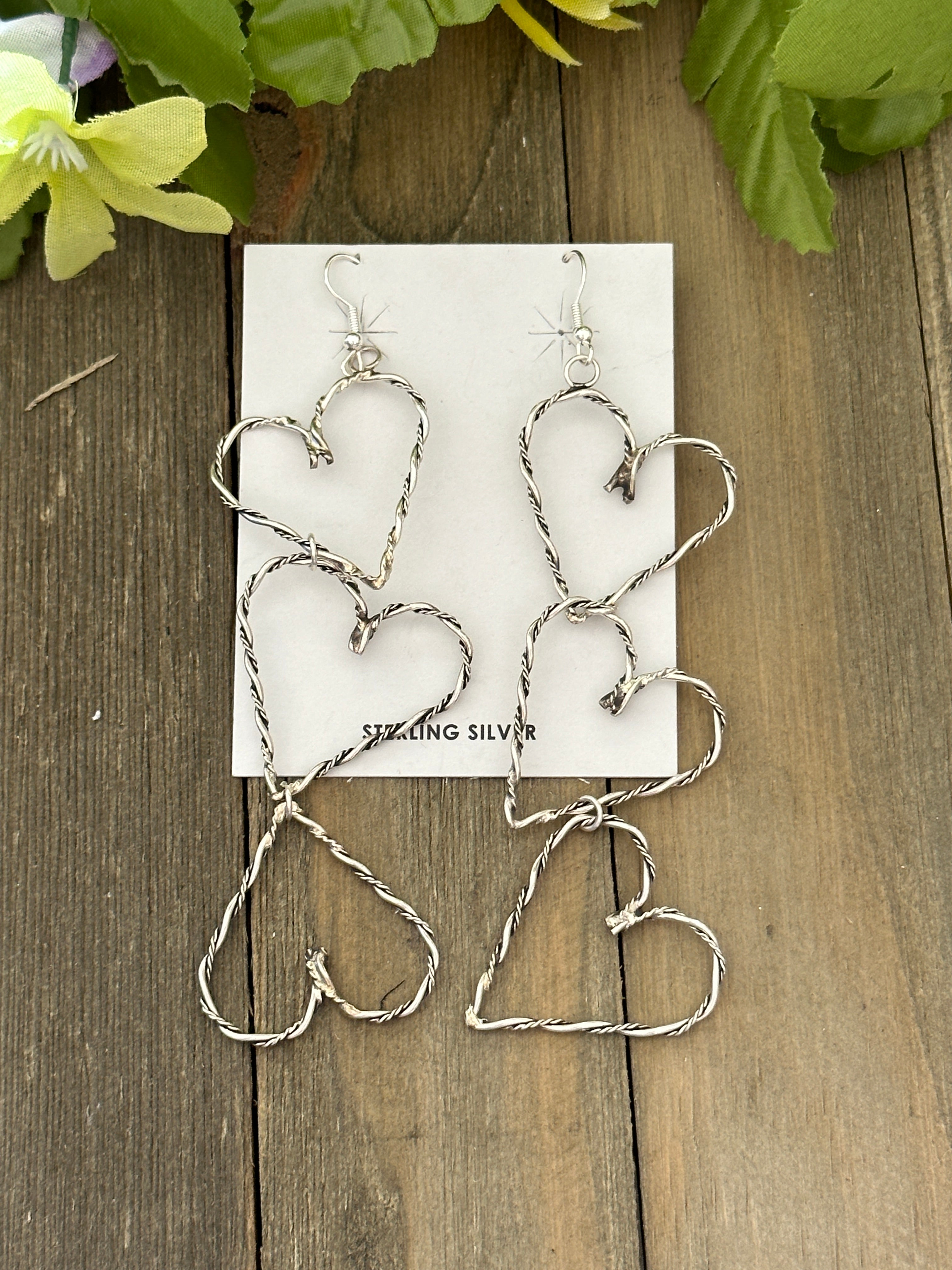 Navajo Made Sterling Silver Heart Dangle Earrings