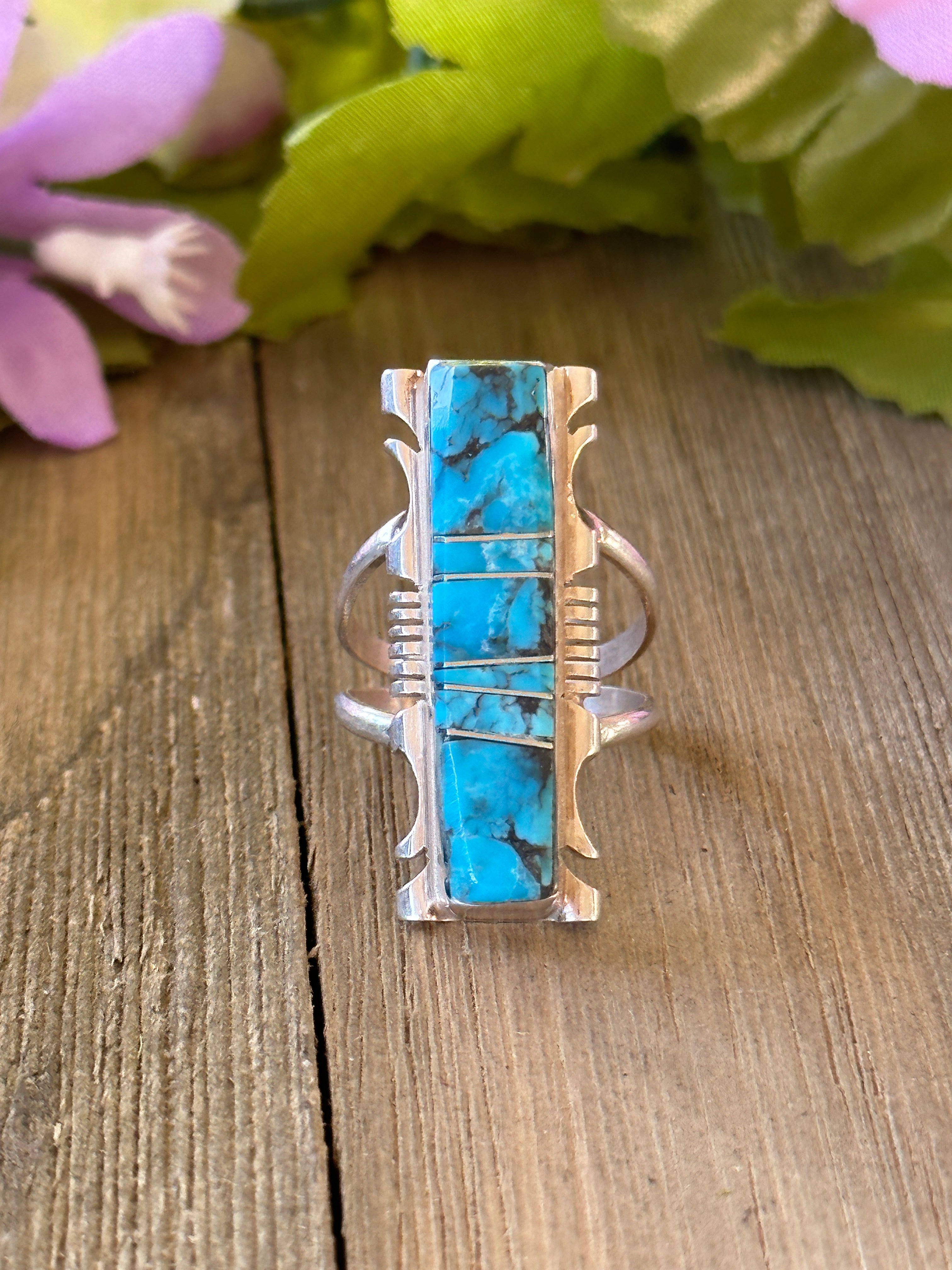 Navajo Made Kingman Turquoise & Sterling Silver Inlay Ring Size 7