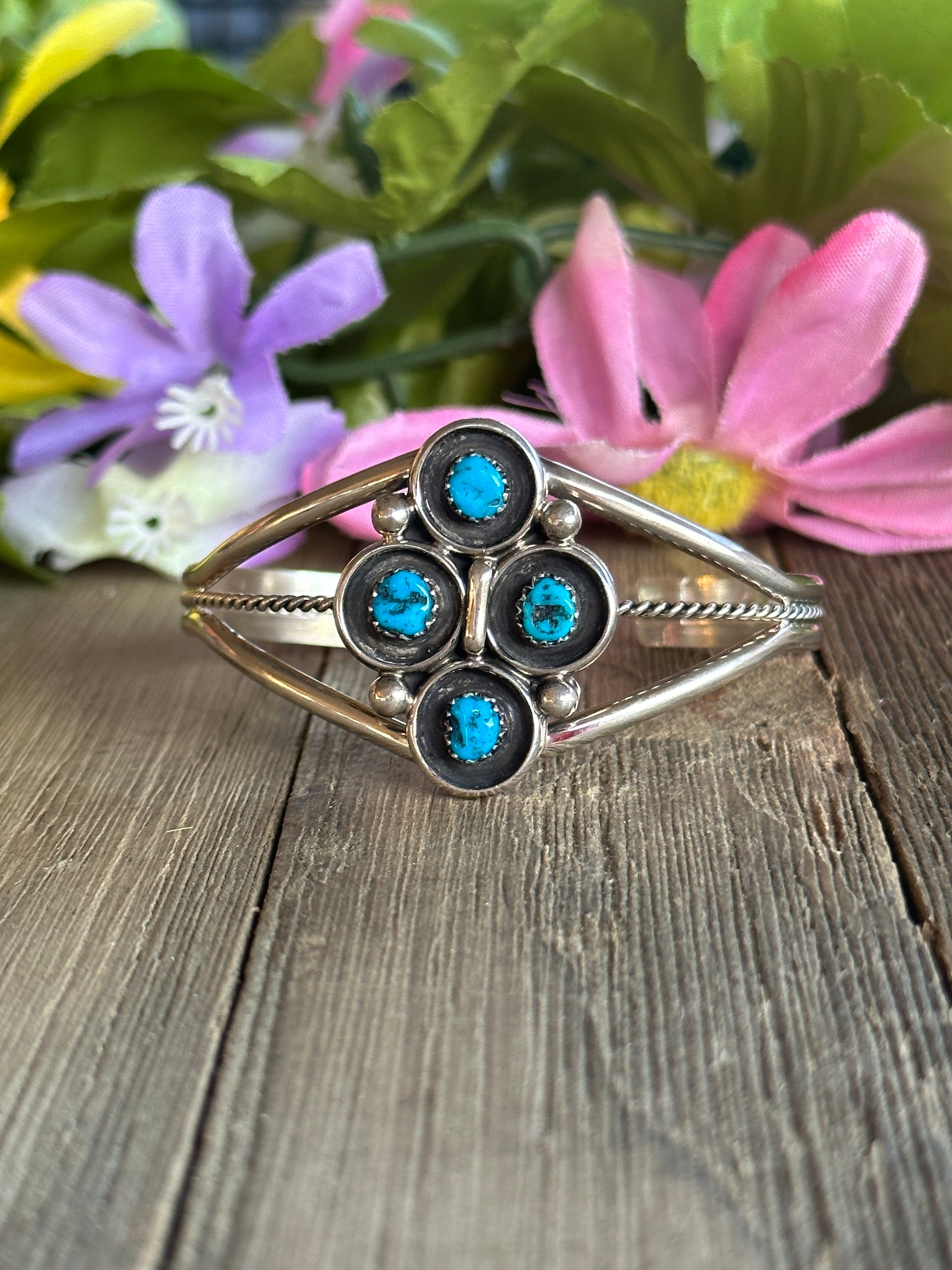 Navajo Made Kingman Turquoise and Sterling Silver Shadow Box Cuff Bracelet