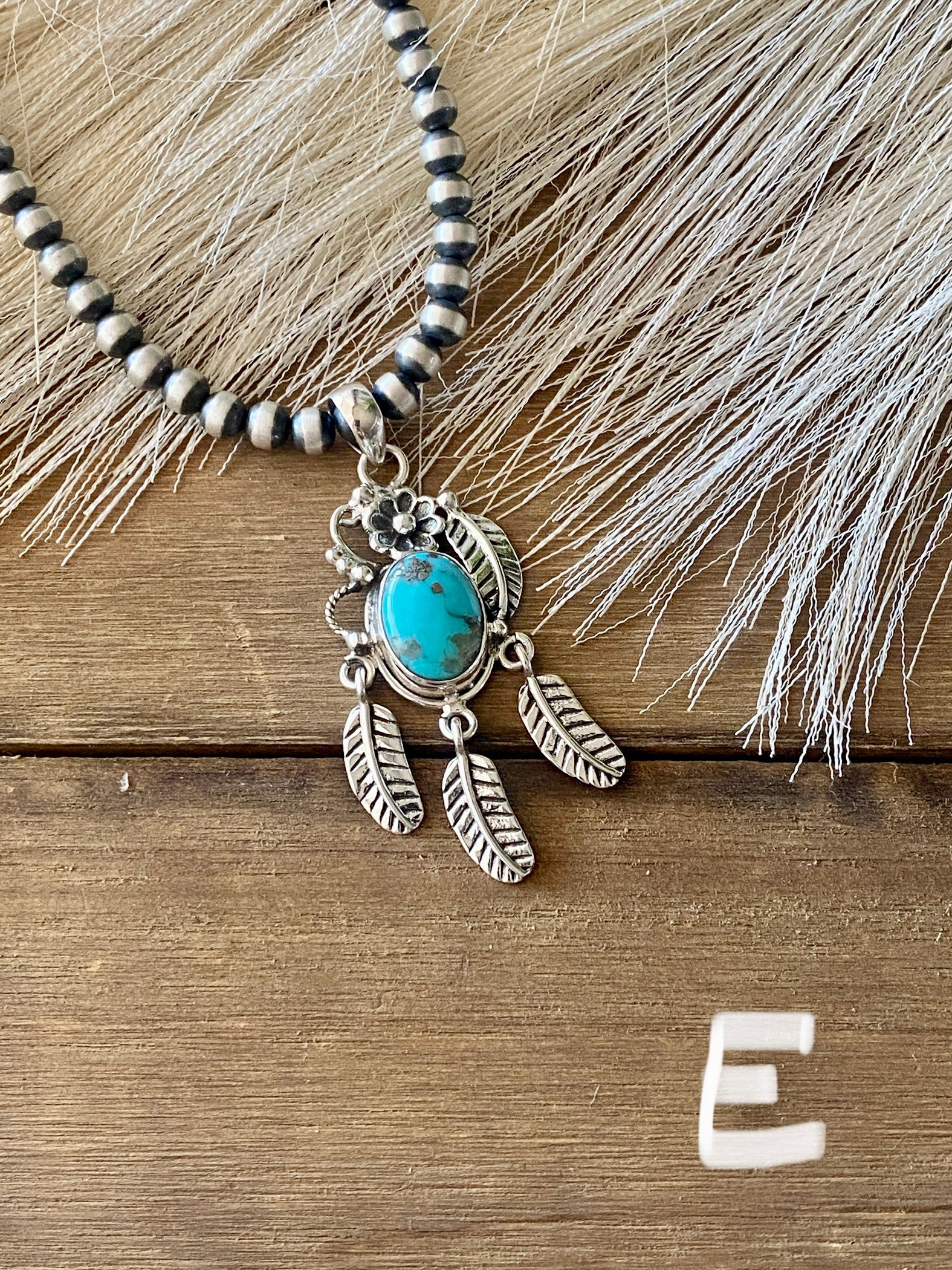 Southwest Handmade Kingman Turquoise & Sterling Silver Feather Pendant