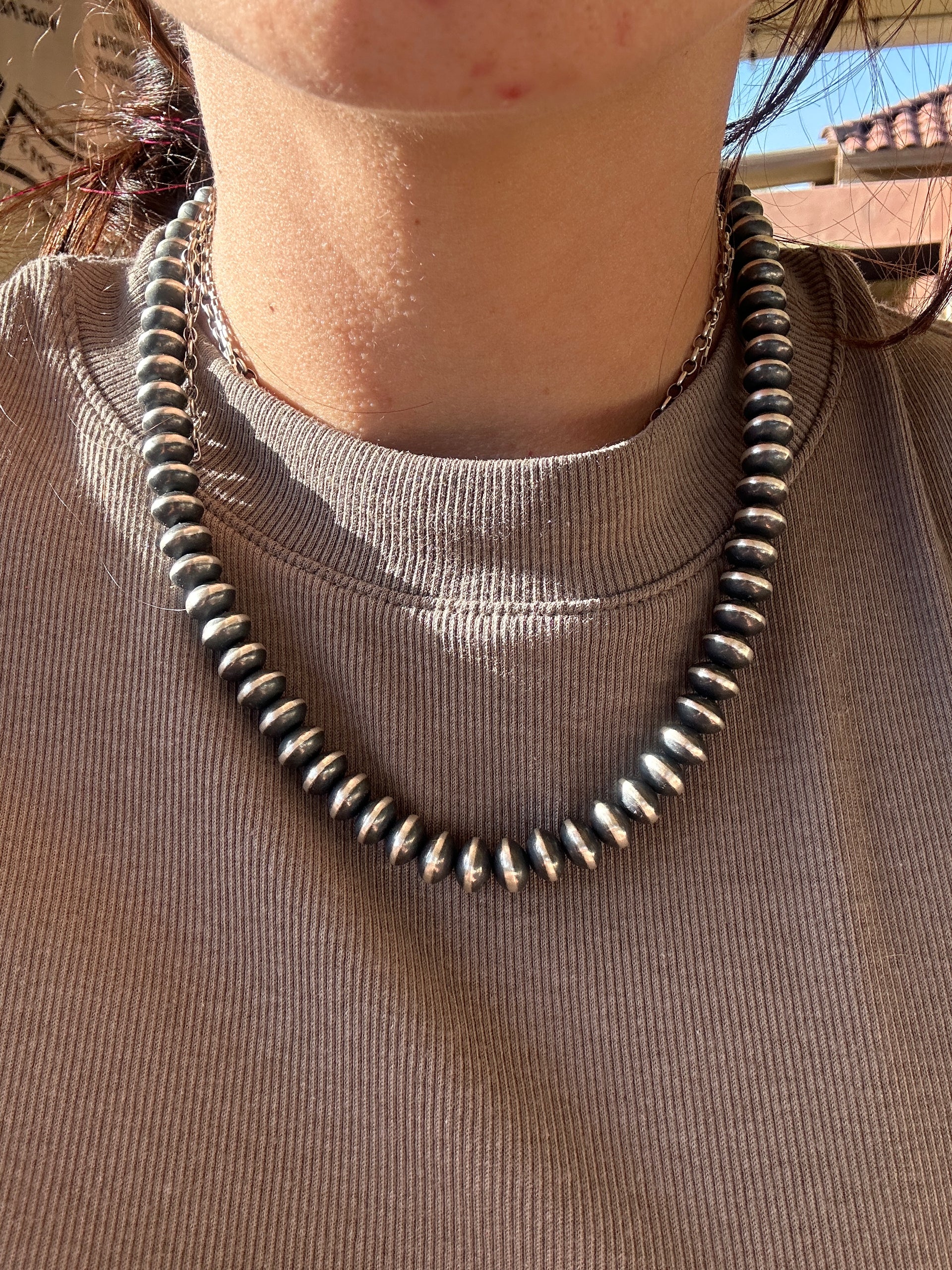 Navajo Strung Sterling Silver 9 MM Saucer Pearl Necklace