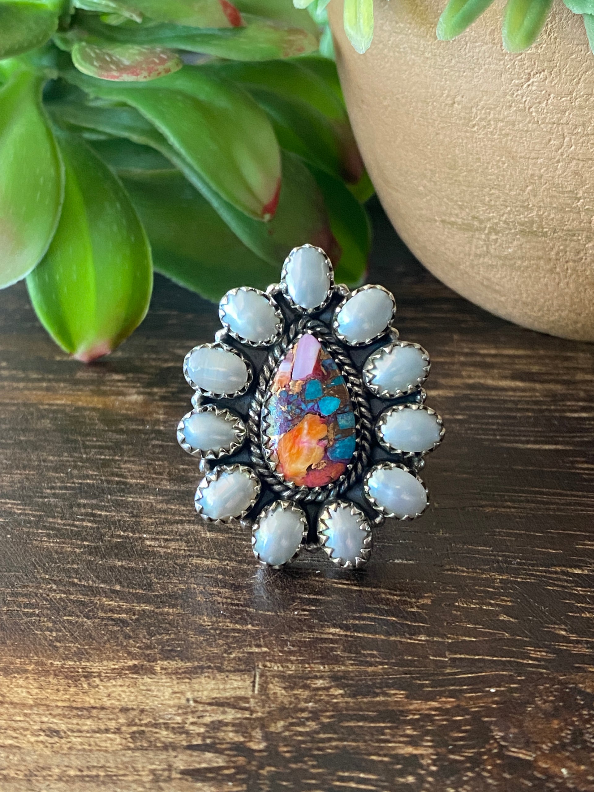 Southwest Handmade Multi Stone & Sterling Silver Adjustable Cluster Ring