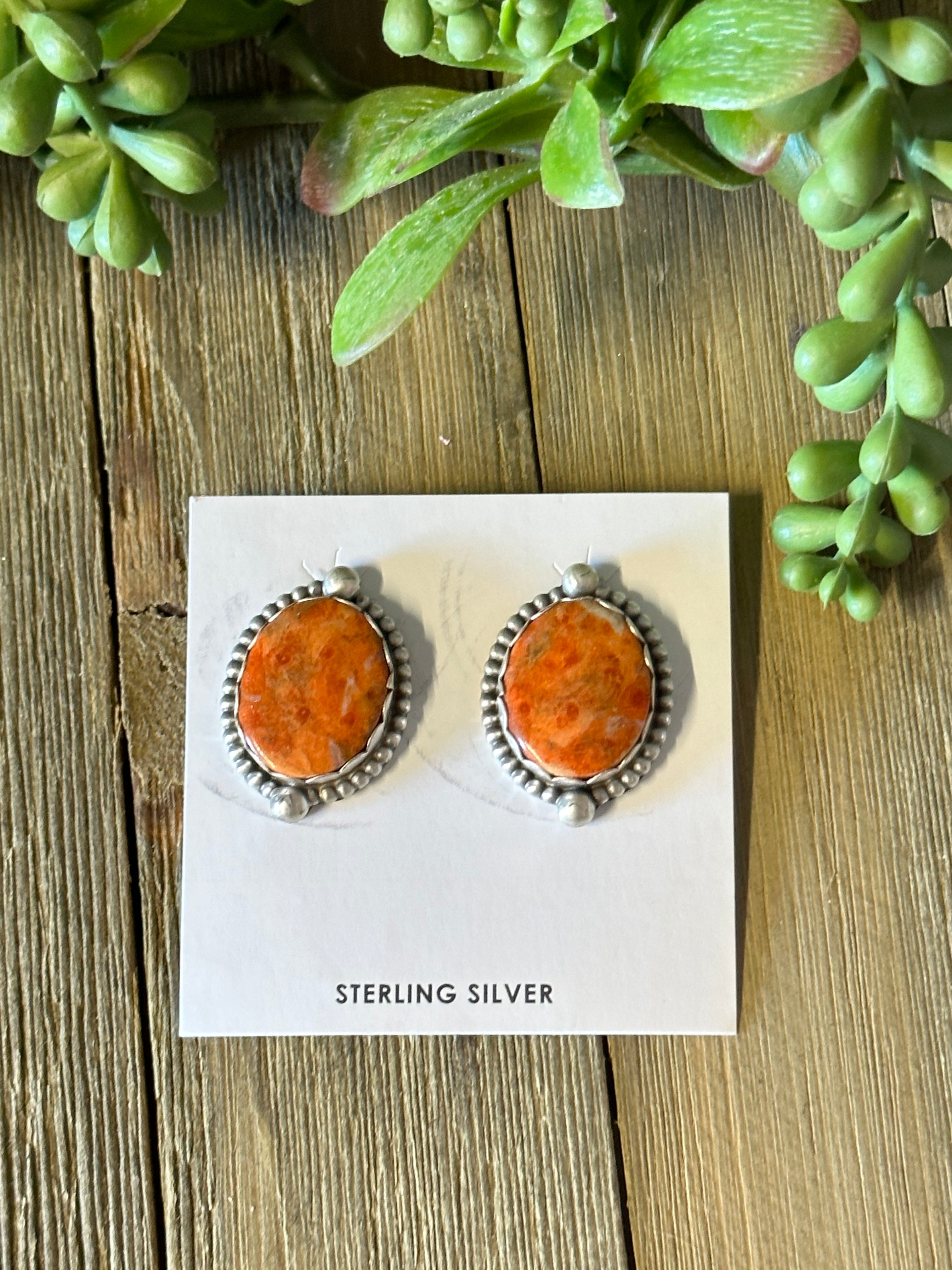 Navajo Made Apple Coral & Sterling Silver Post Earrings