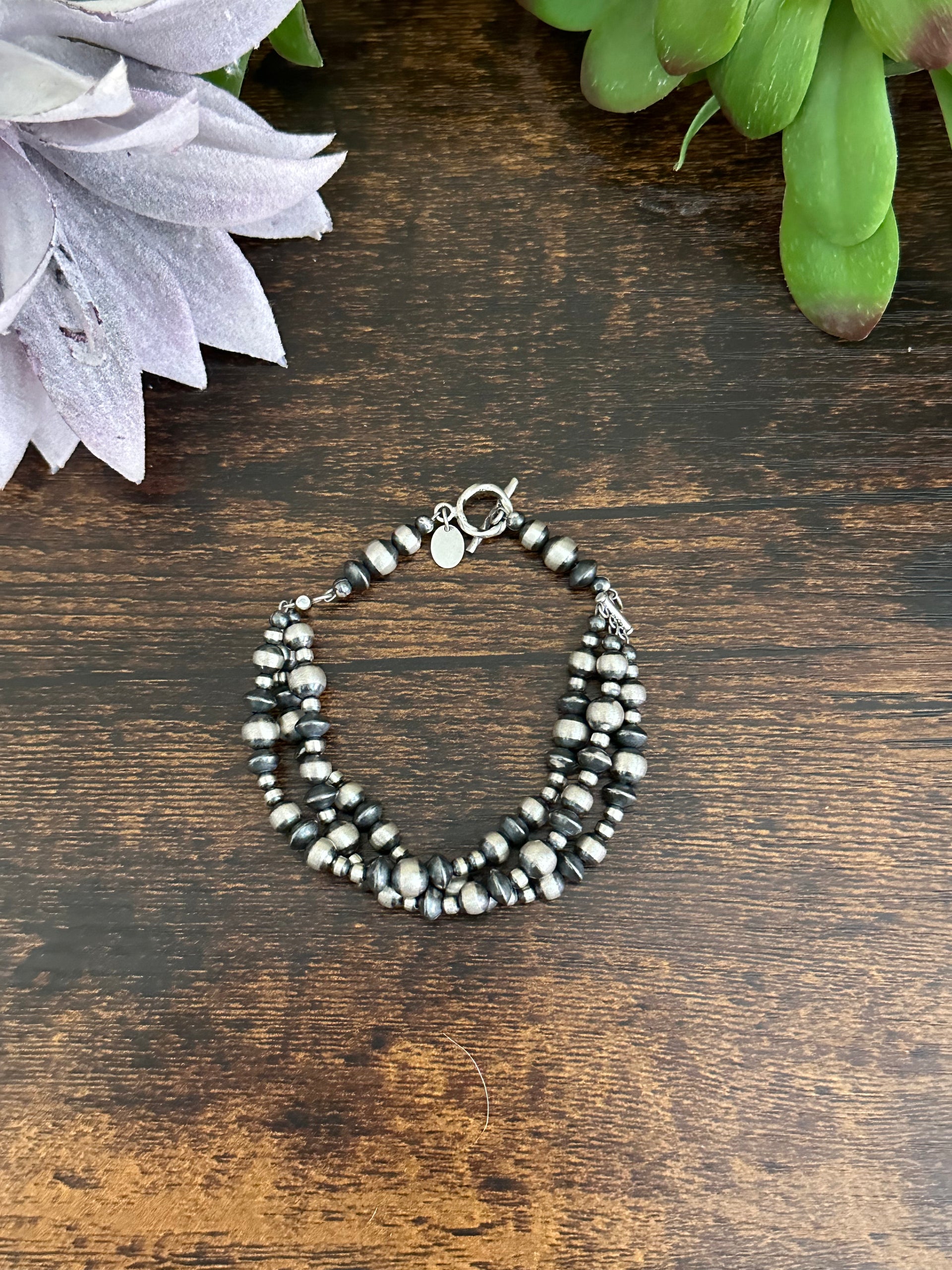 Navajo Strung Sterling Silver Graduated Pearls Beaded 3 Strand Bracele