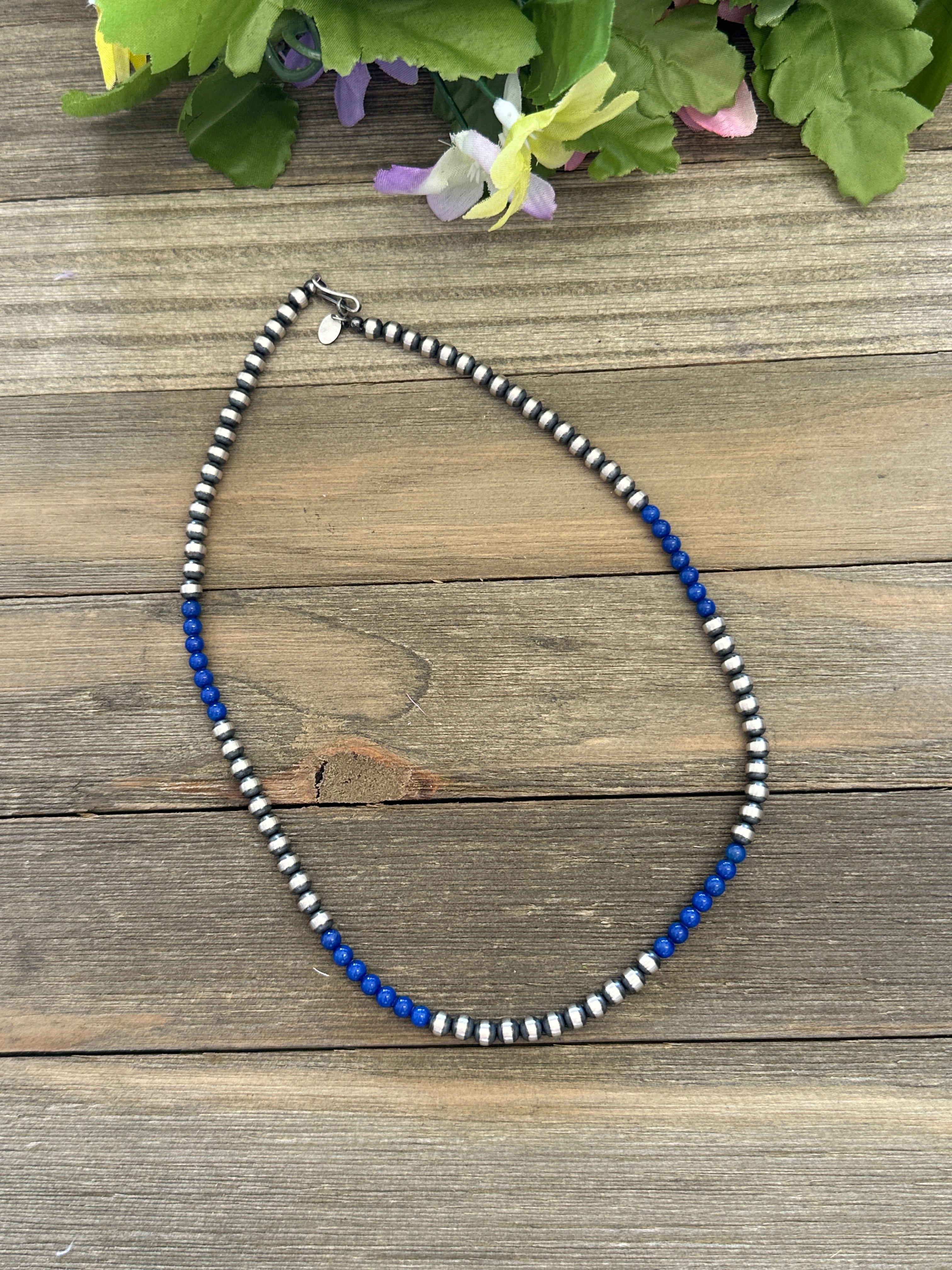 Navajo Strung Lapis & Sterling Silver 5 MM Pearl Necklace