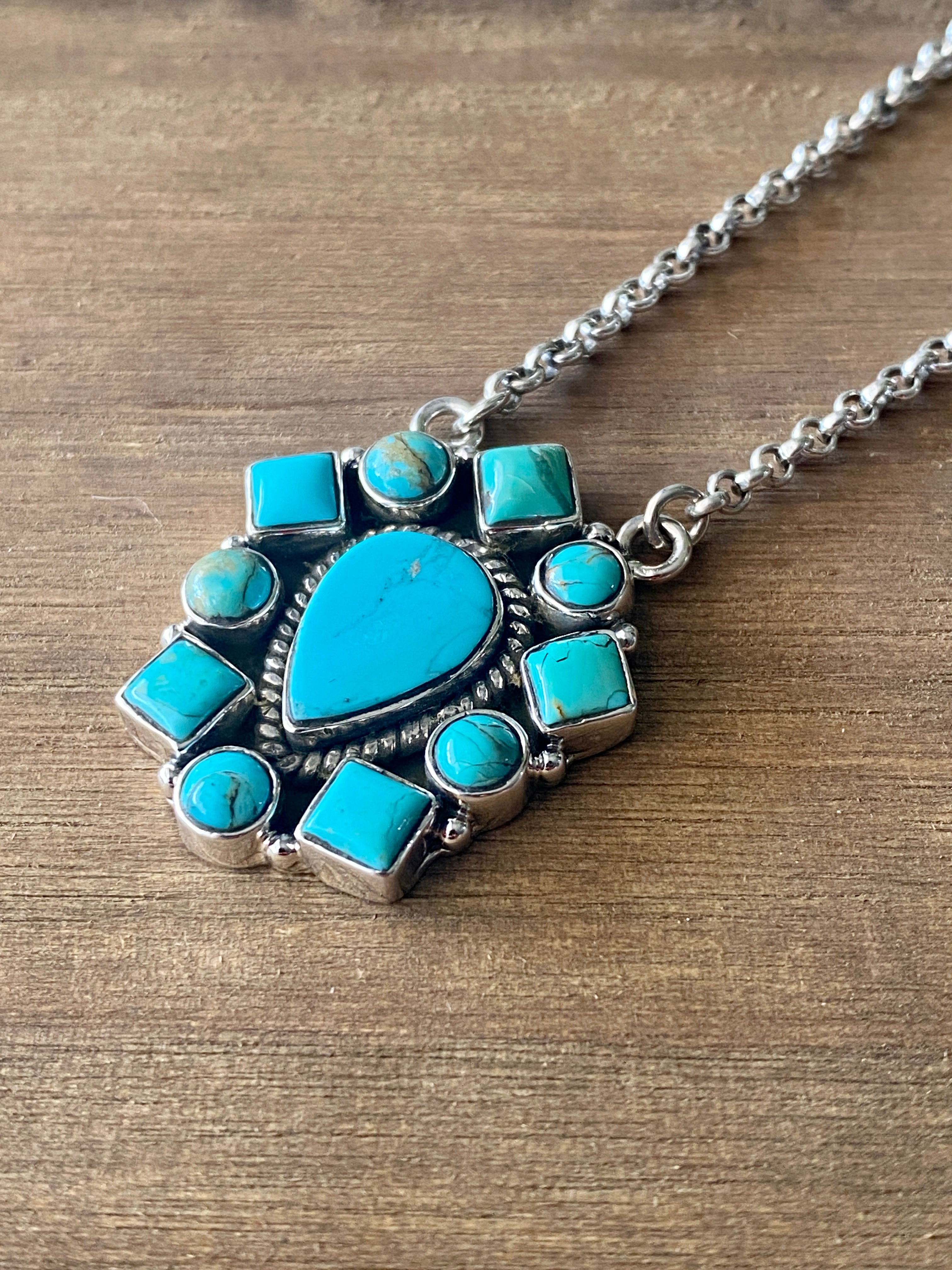 Southwest Handmade Kingman Turquoise & Sterling Silver Cluster Necklace