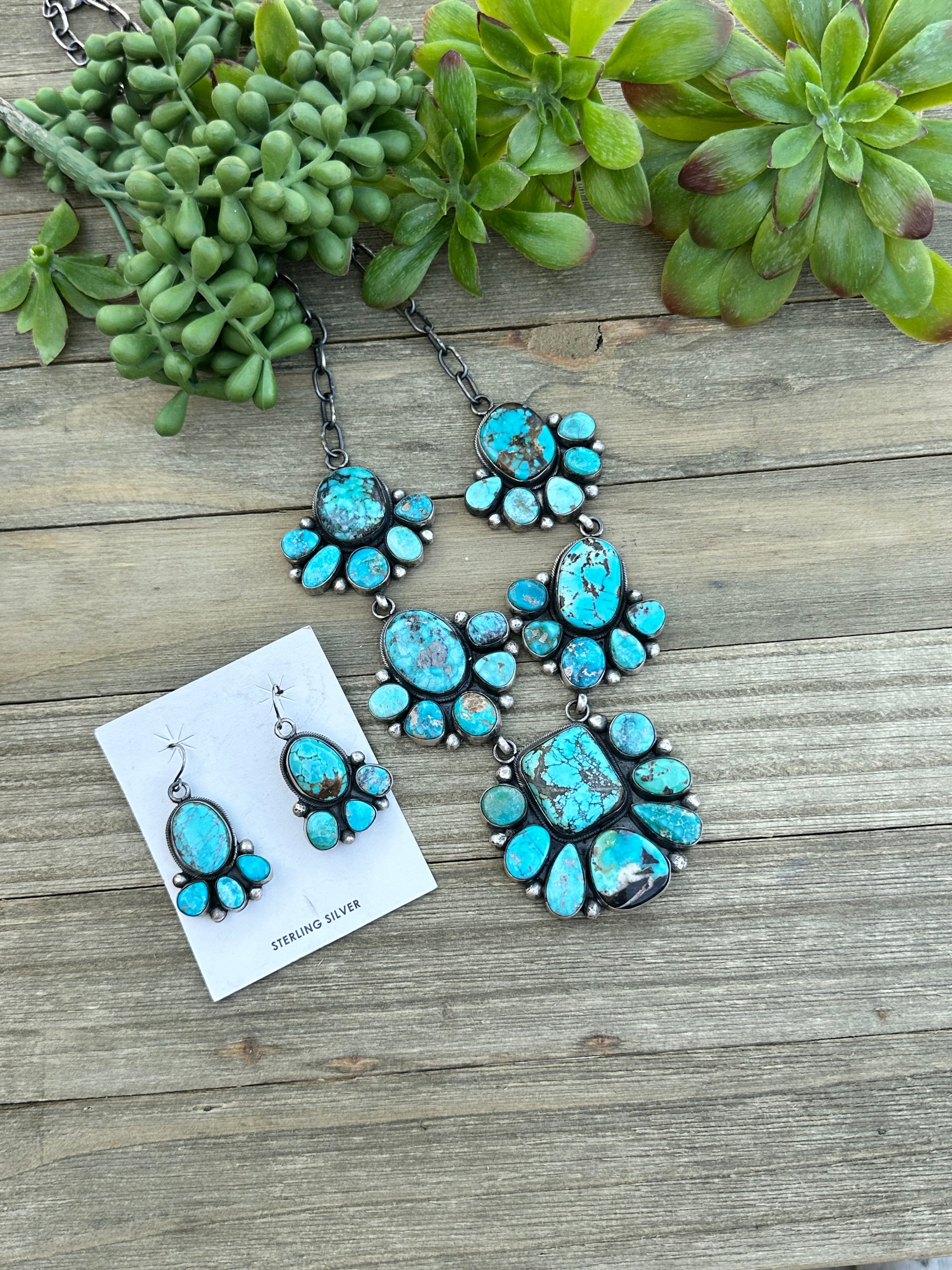 Bea Tom Natural Carico Lake Turquoise and Sterling Silver Necklace Set