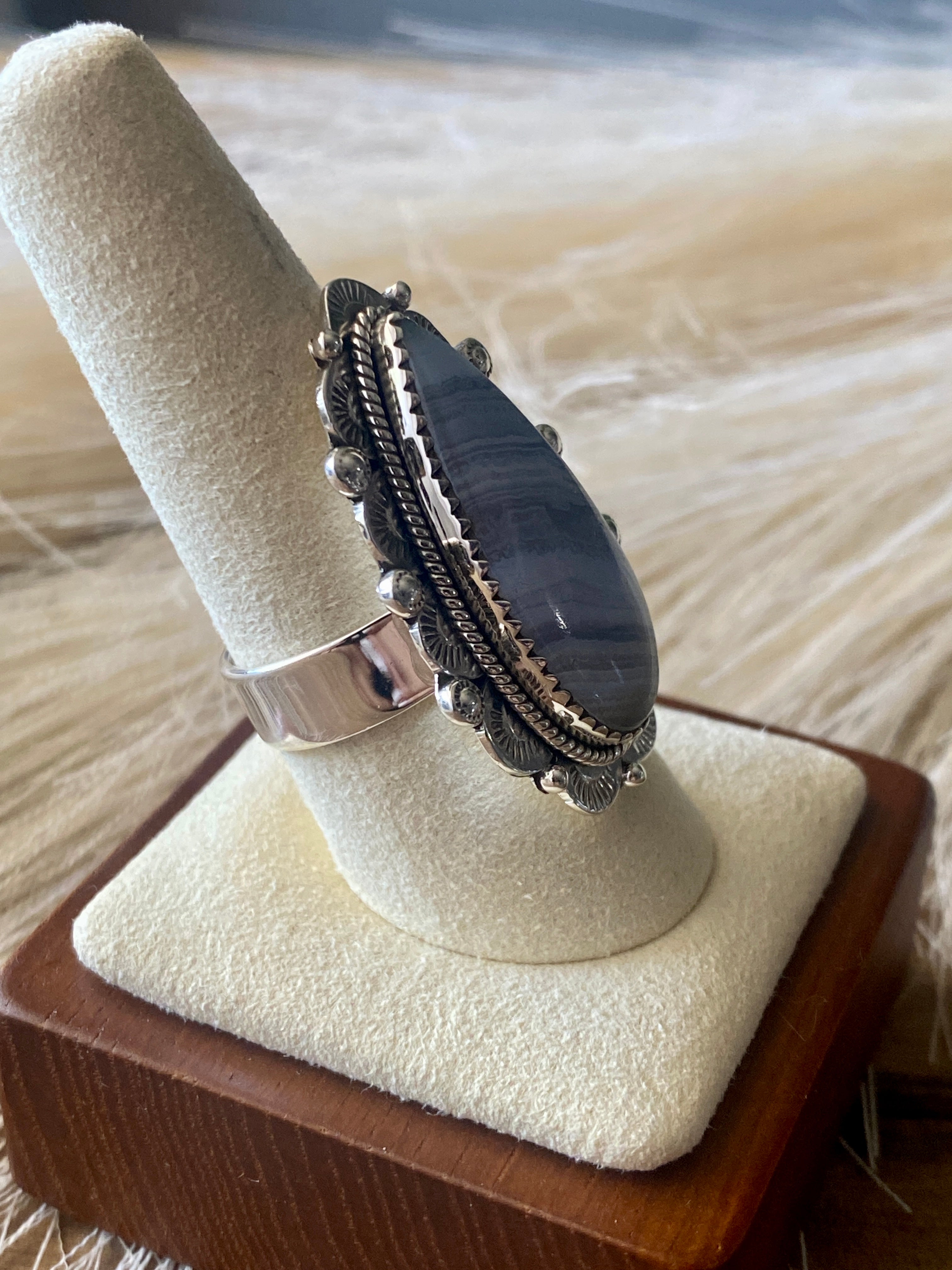 Southwest Handmade Blue Lace Agate & Sterling Silver Adjustable Ring