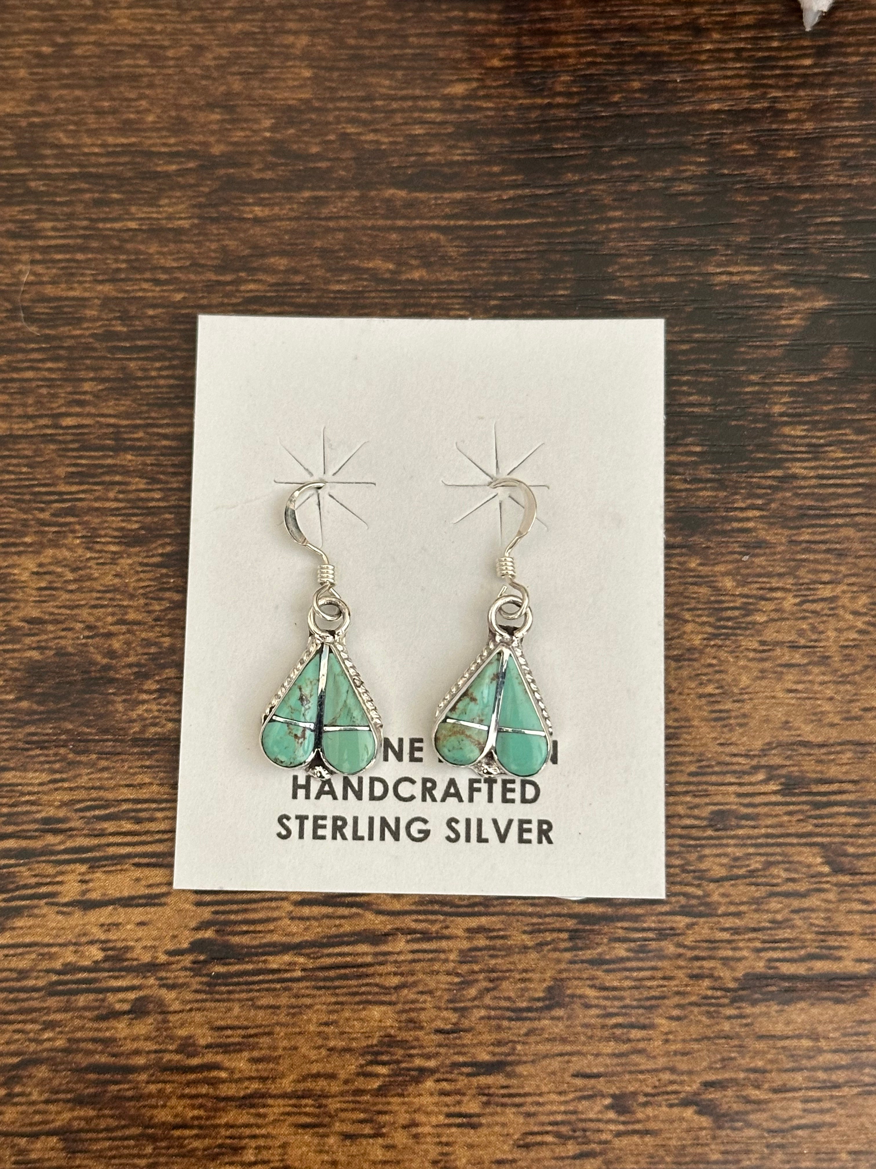 Vaelda Nastacio Kingman Turquoise & Sterling Silver Inlay Dangle Heart Earrings