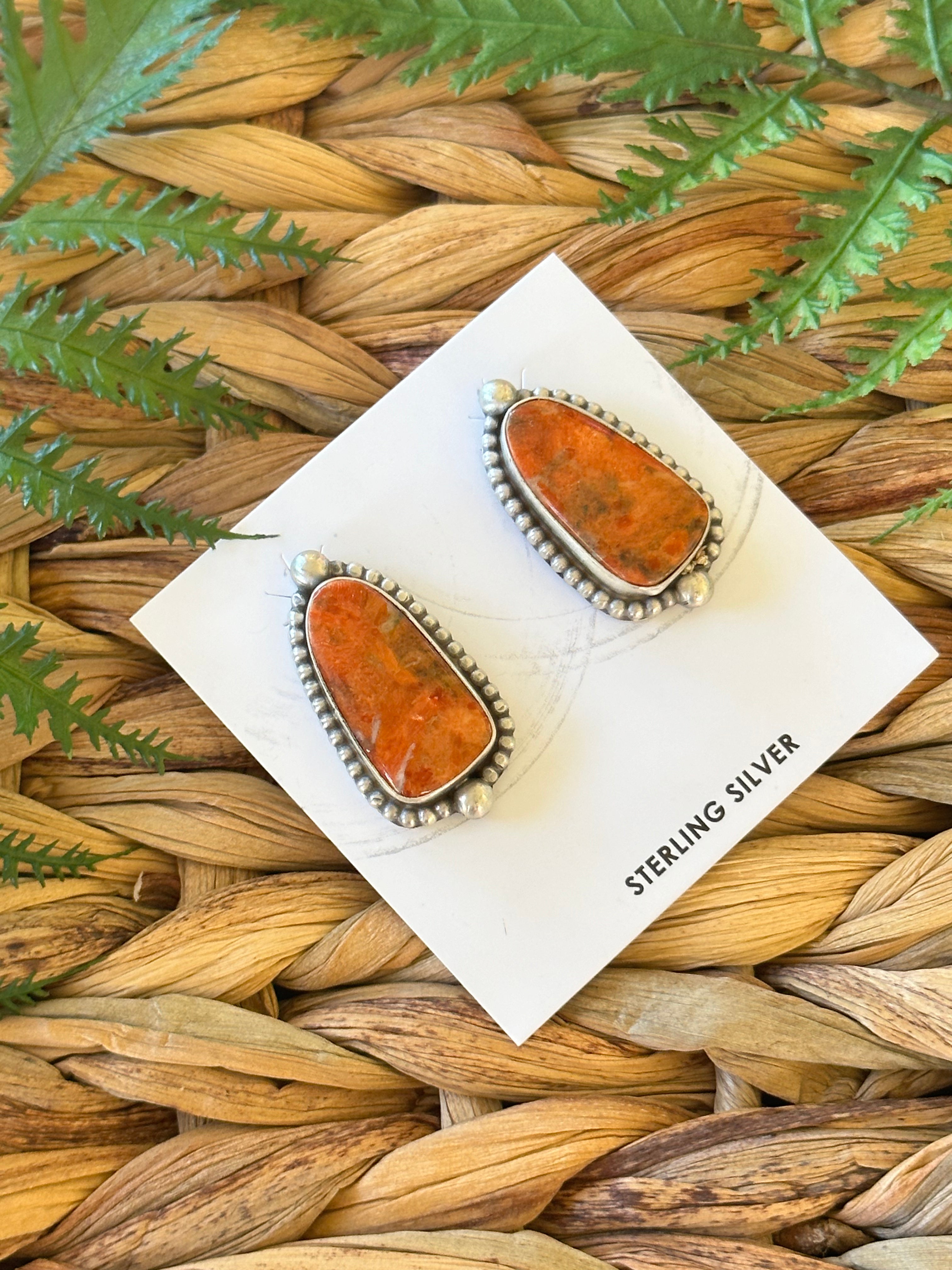 Navajo Made Apple Coral & Sterling Silver Post Earrings