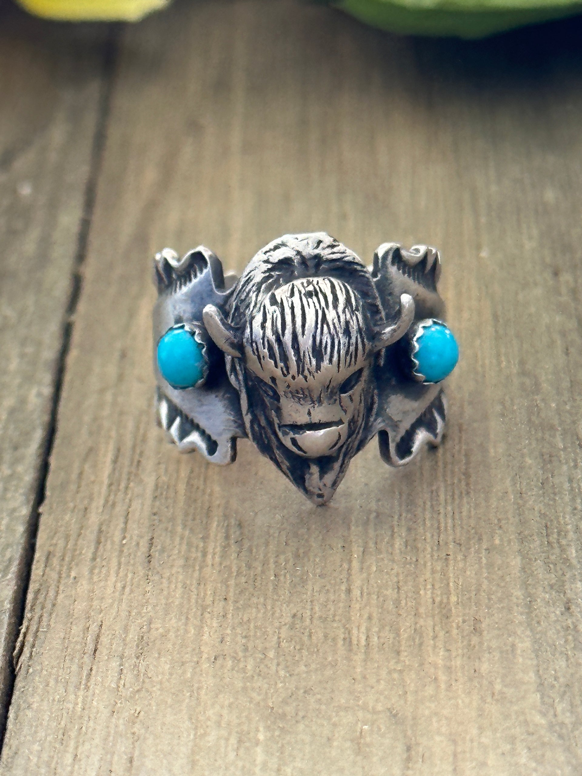 Navajo Made Turquoise & Sterling Silver Buffalo Ring