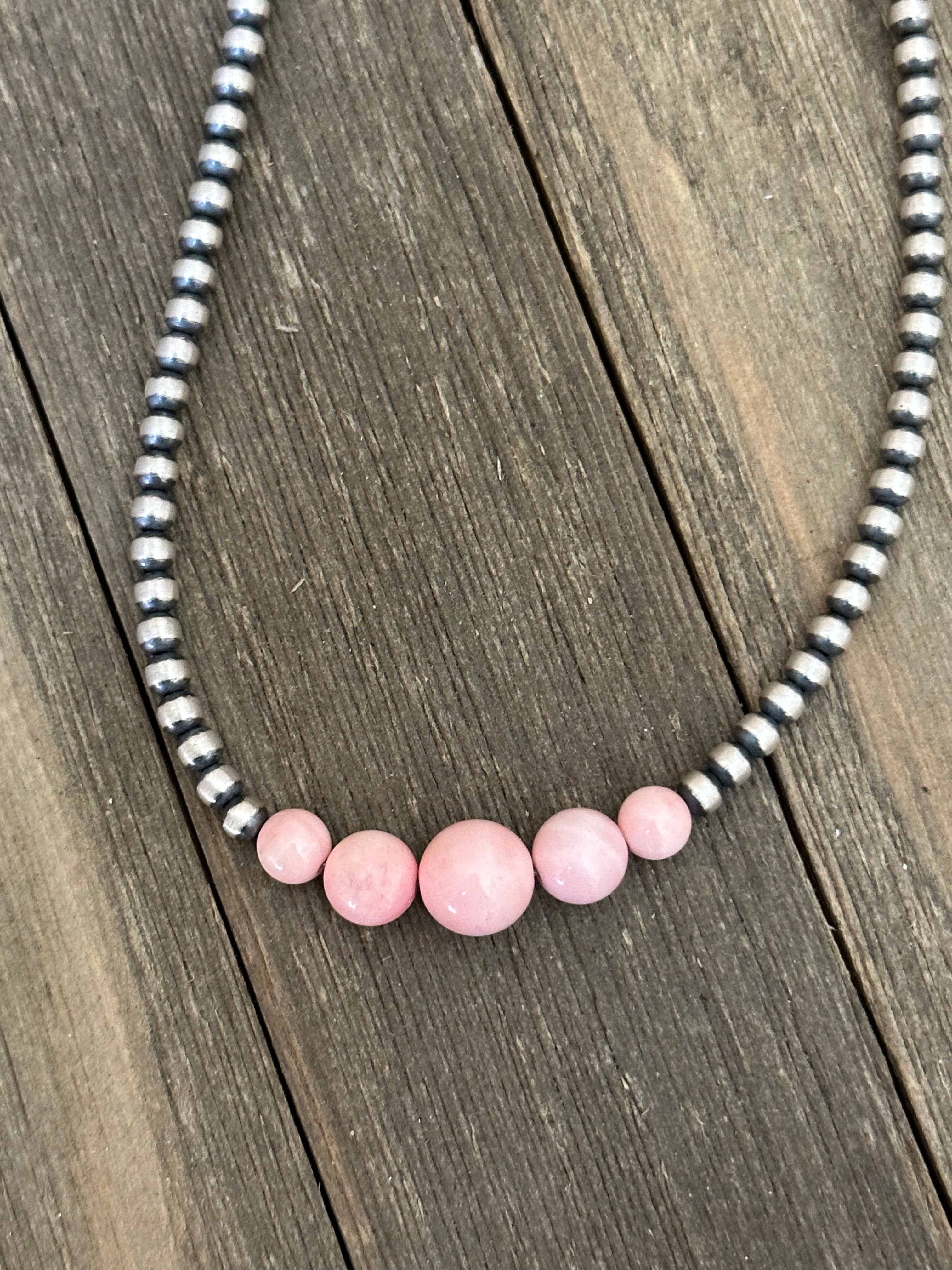 Navajo Strung Pink Conch & Sterling Silver Pearls Beaded Necklace