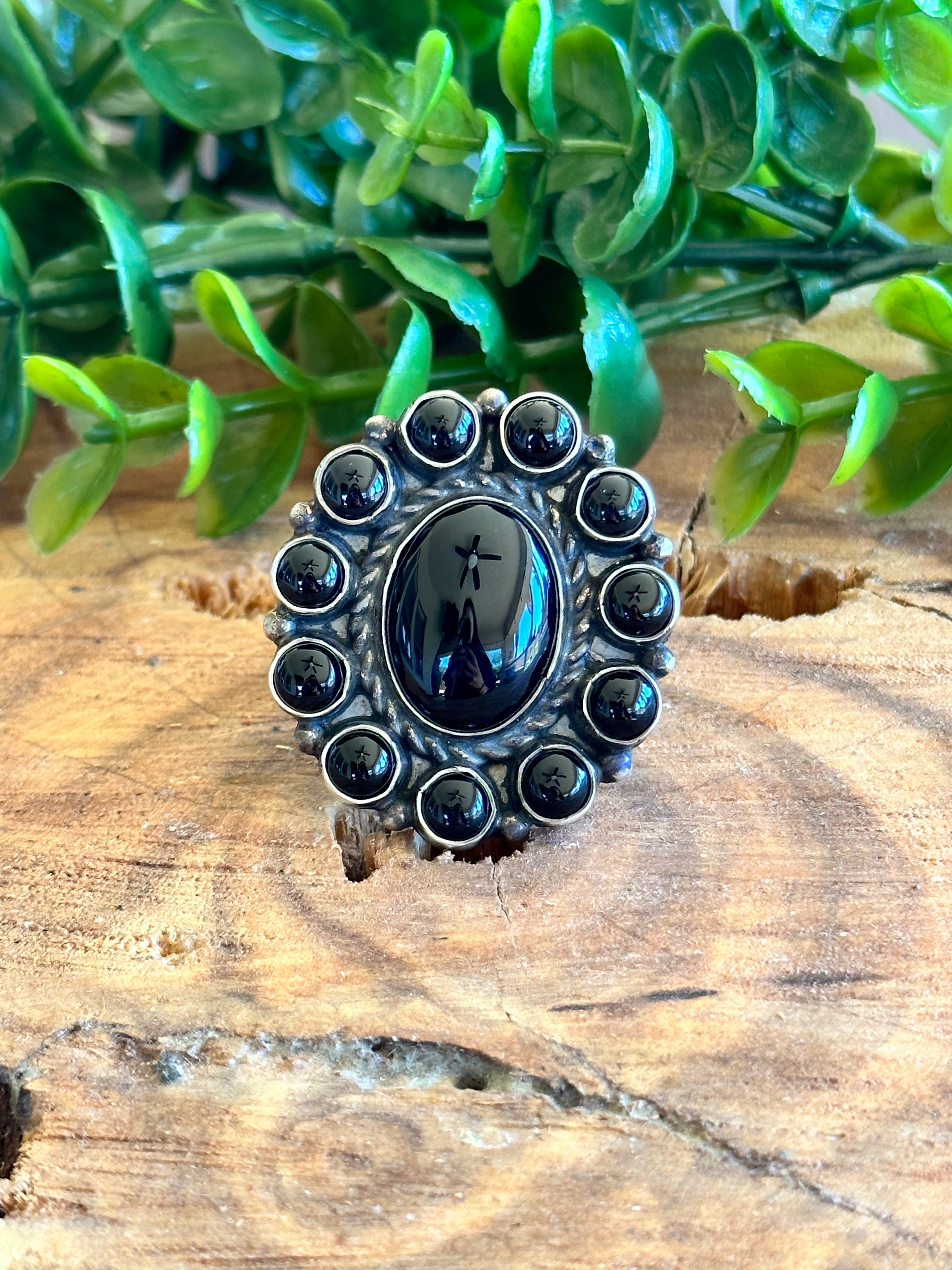 Navajo Made Onyx & Sterling Silver Adjustable Cluster Ring