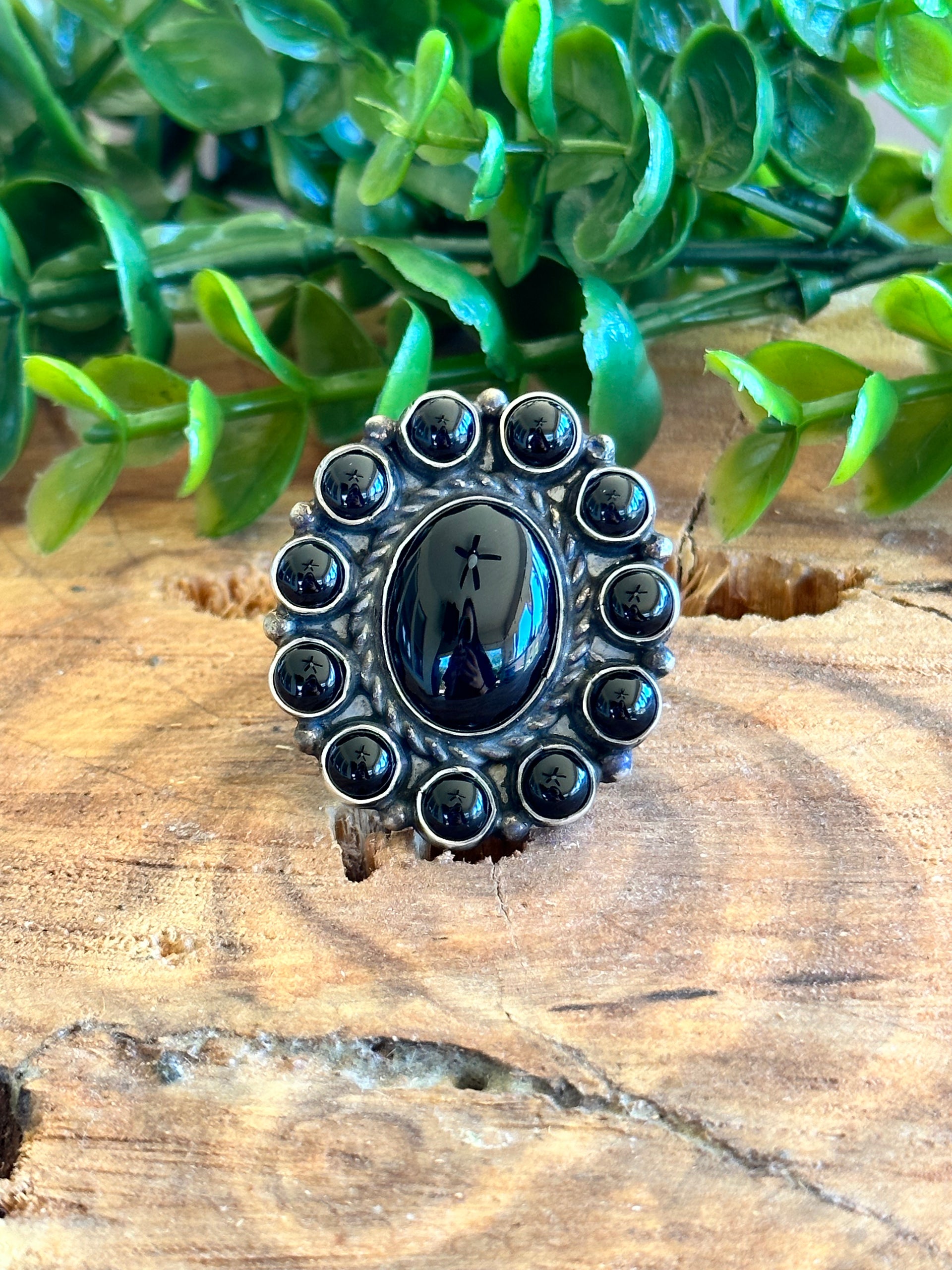 Navajo Made Onyx & Sterling Silver Adjustable Cluster Ring
