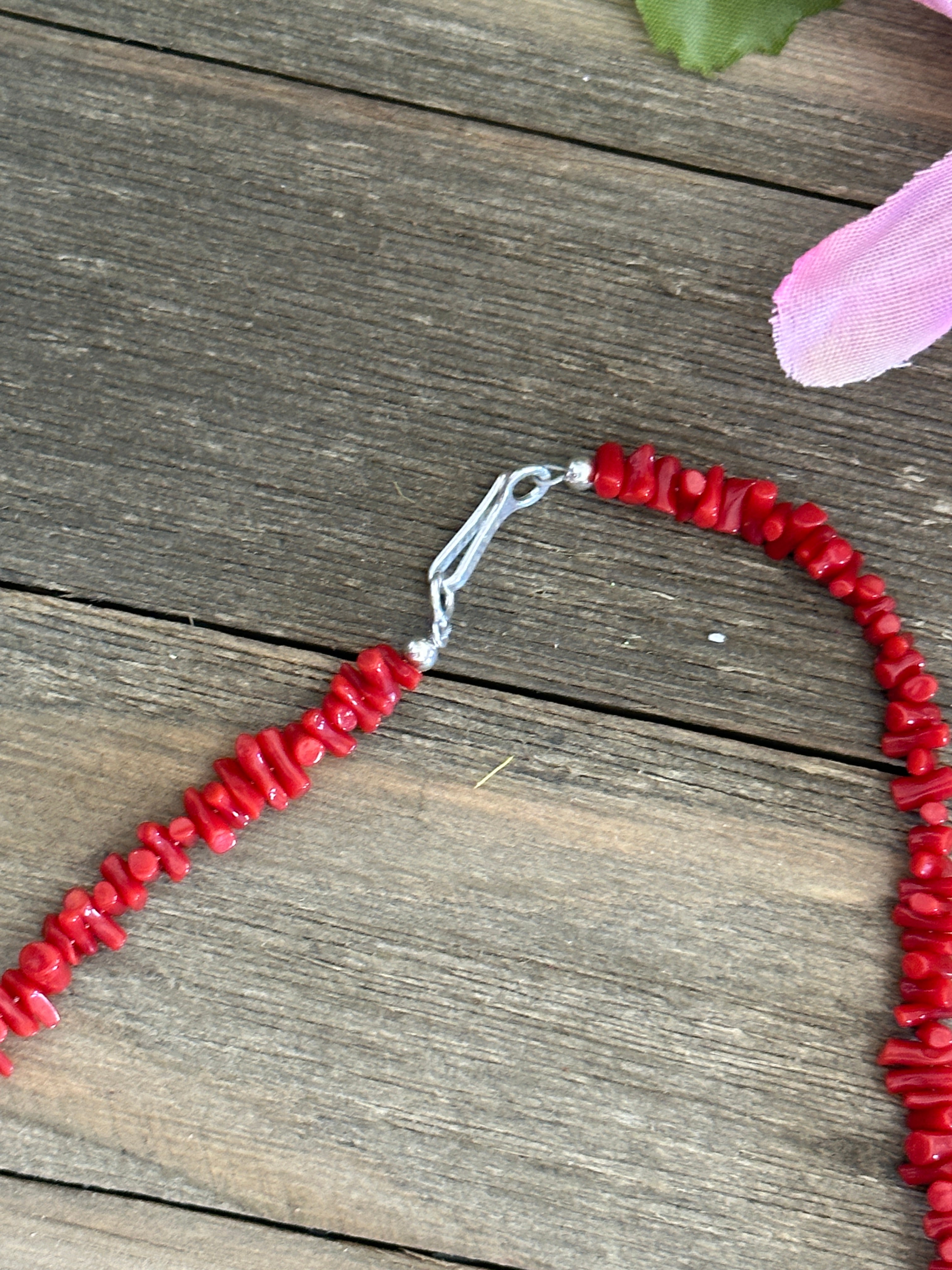 Navajo Strung Red Coral & Sterling Silver Beaded Necklace