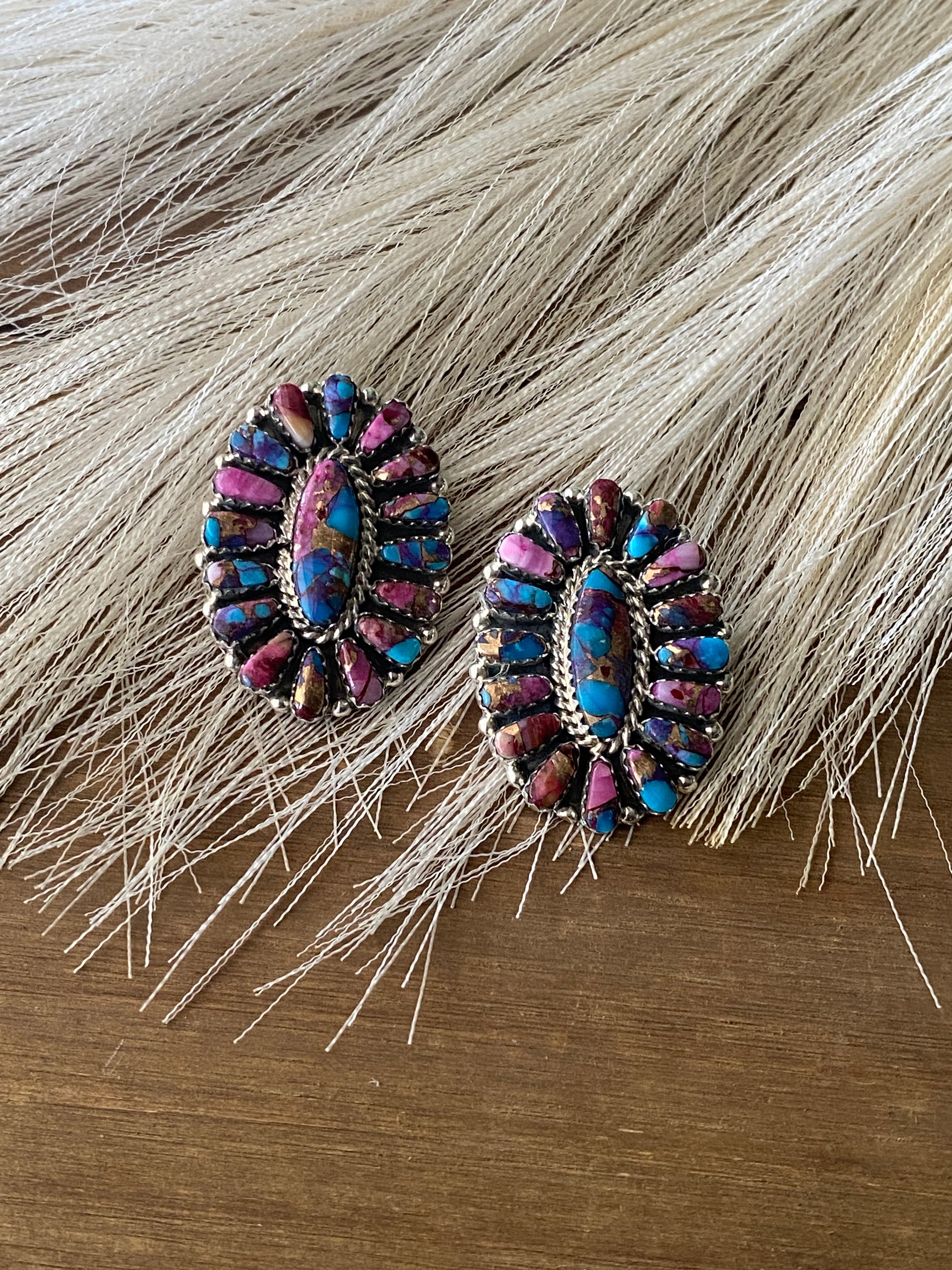 Navajo Made Pink Mohave Turquoise & Sterling Silver Post Cluster Earrings
