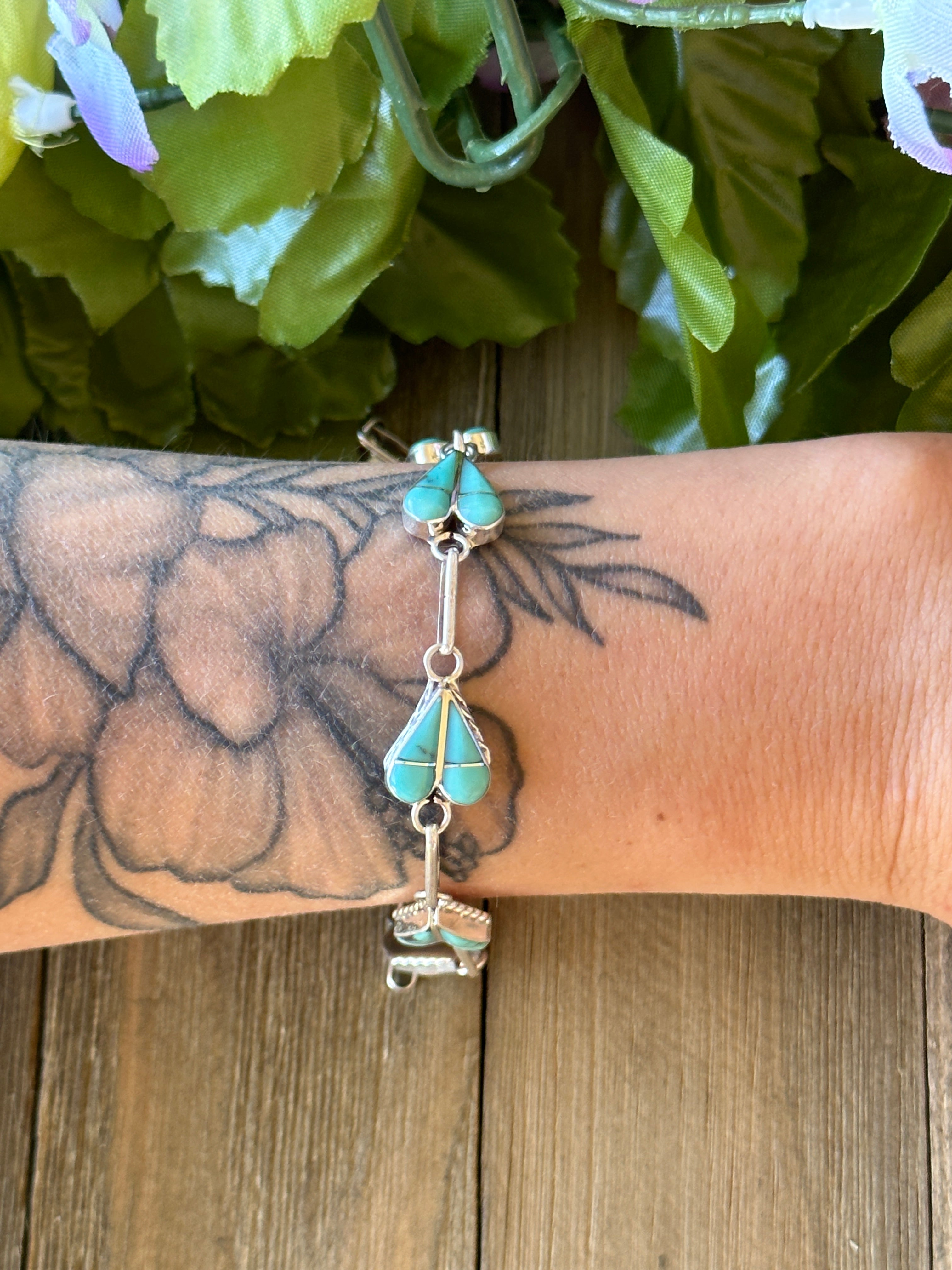 Zuni Made Kingman Turquoise & Sterling Silver Heart Bracelet