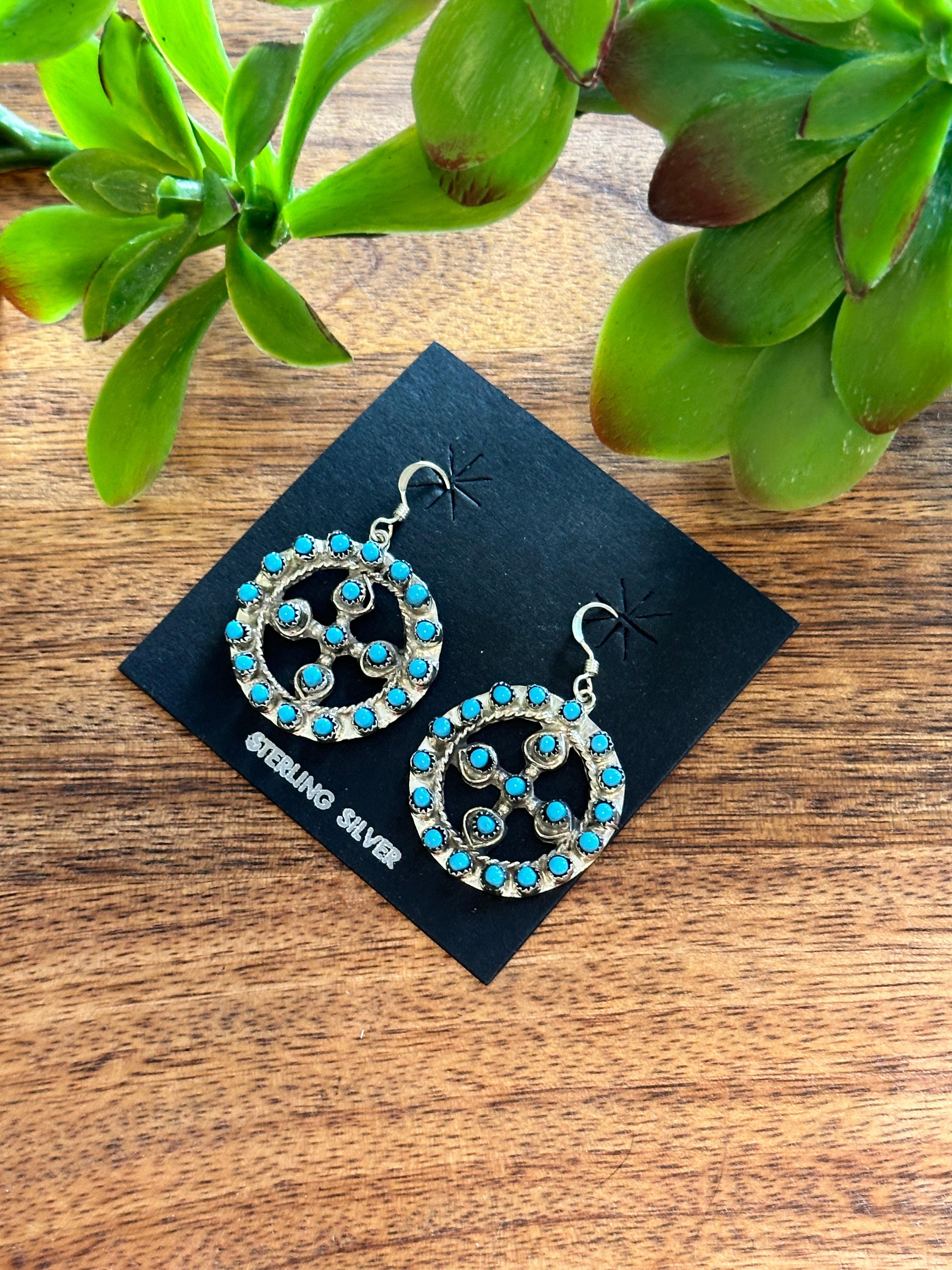 Zuni Made Turquoise & Sterling Silver Cluster Dangle Earrings