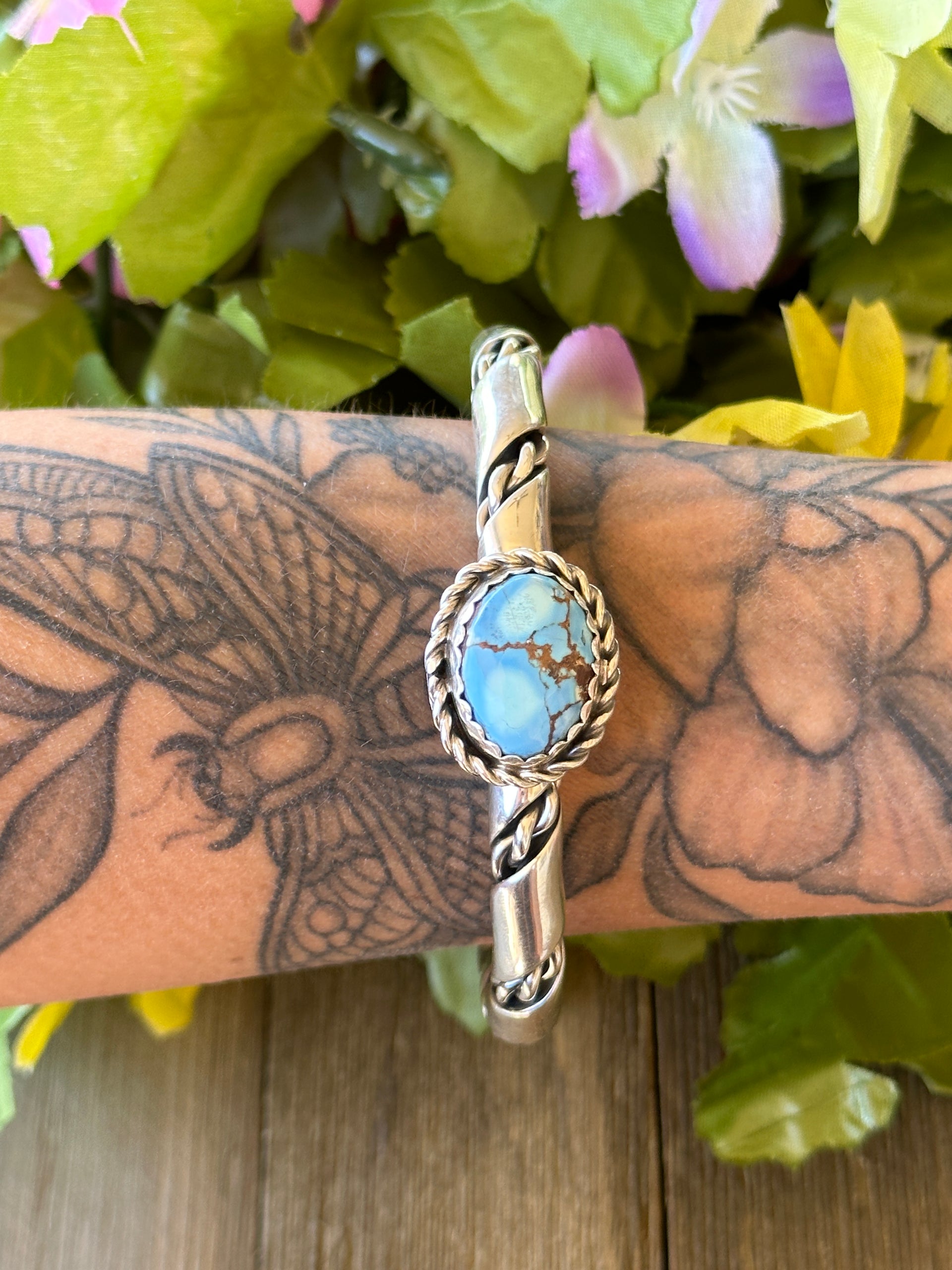 Navajo Made Golden Hills Turquoise & Sterling Silver Cuff Bracelet