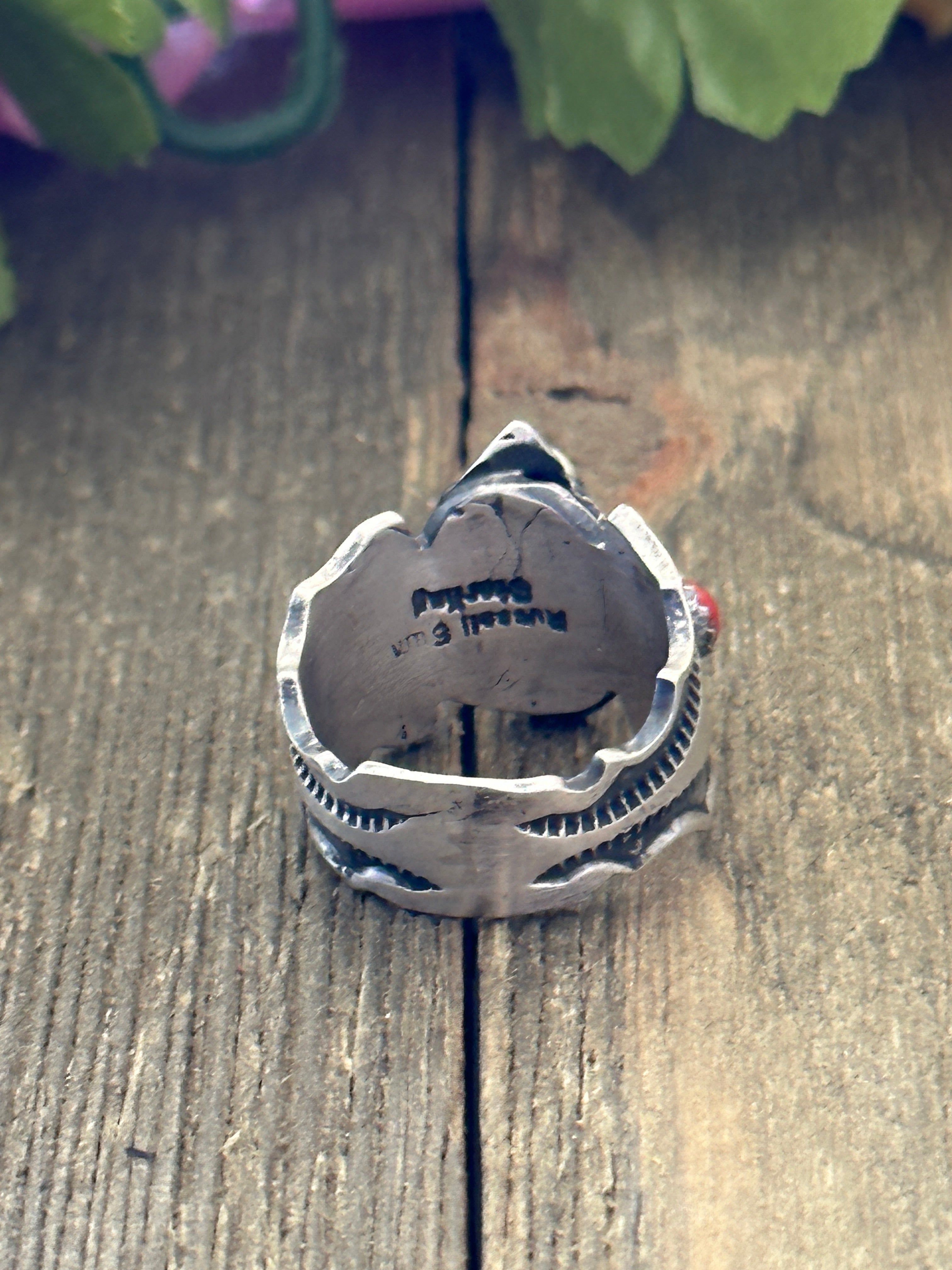 Navajo Made Coral & Sterling Silver Buffalo Ring