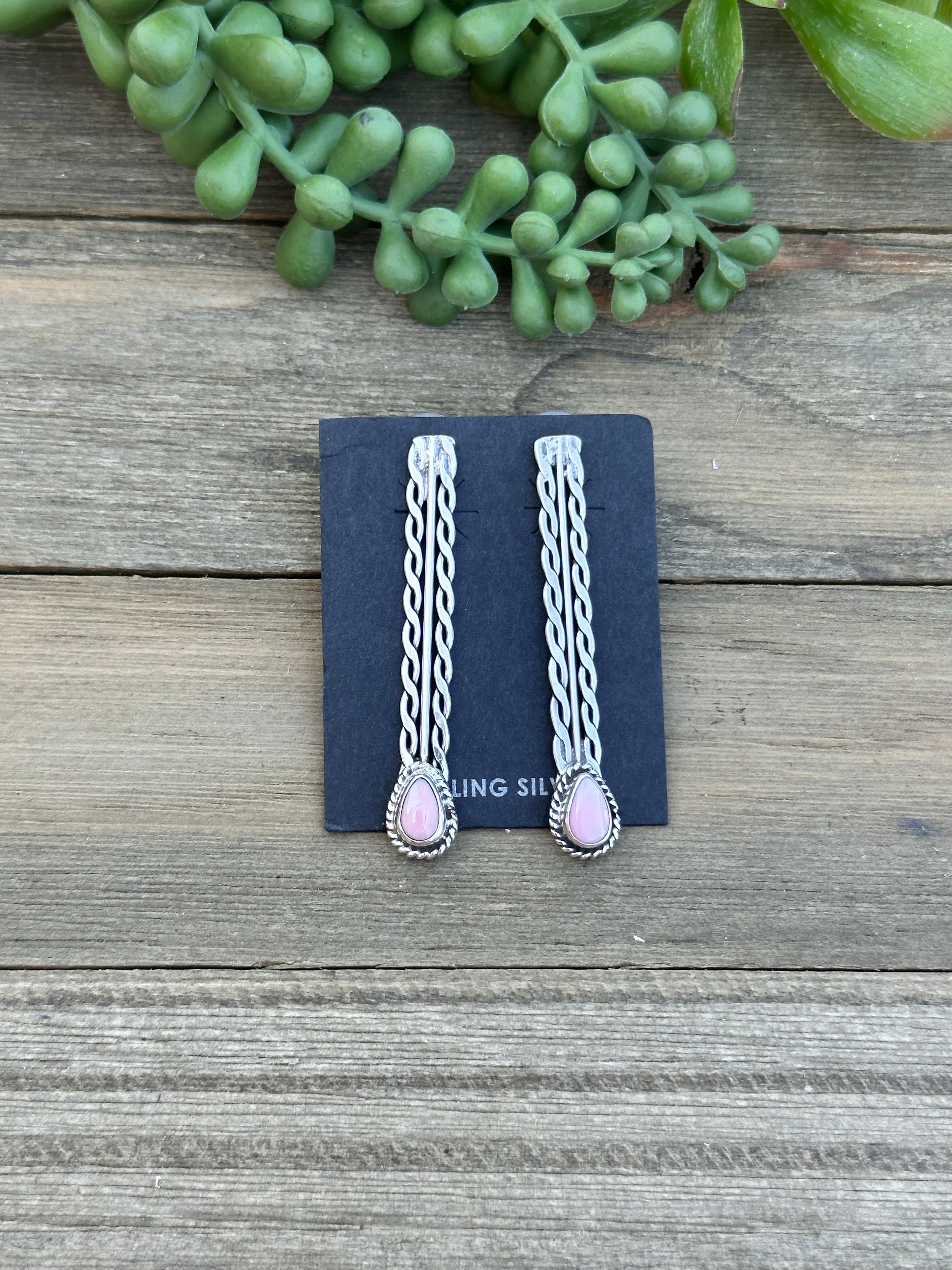 Navajo Made Pink Conch & Sterling Silver Post Dangle Earrings