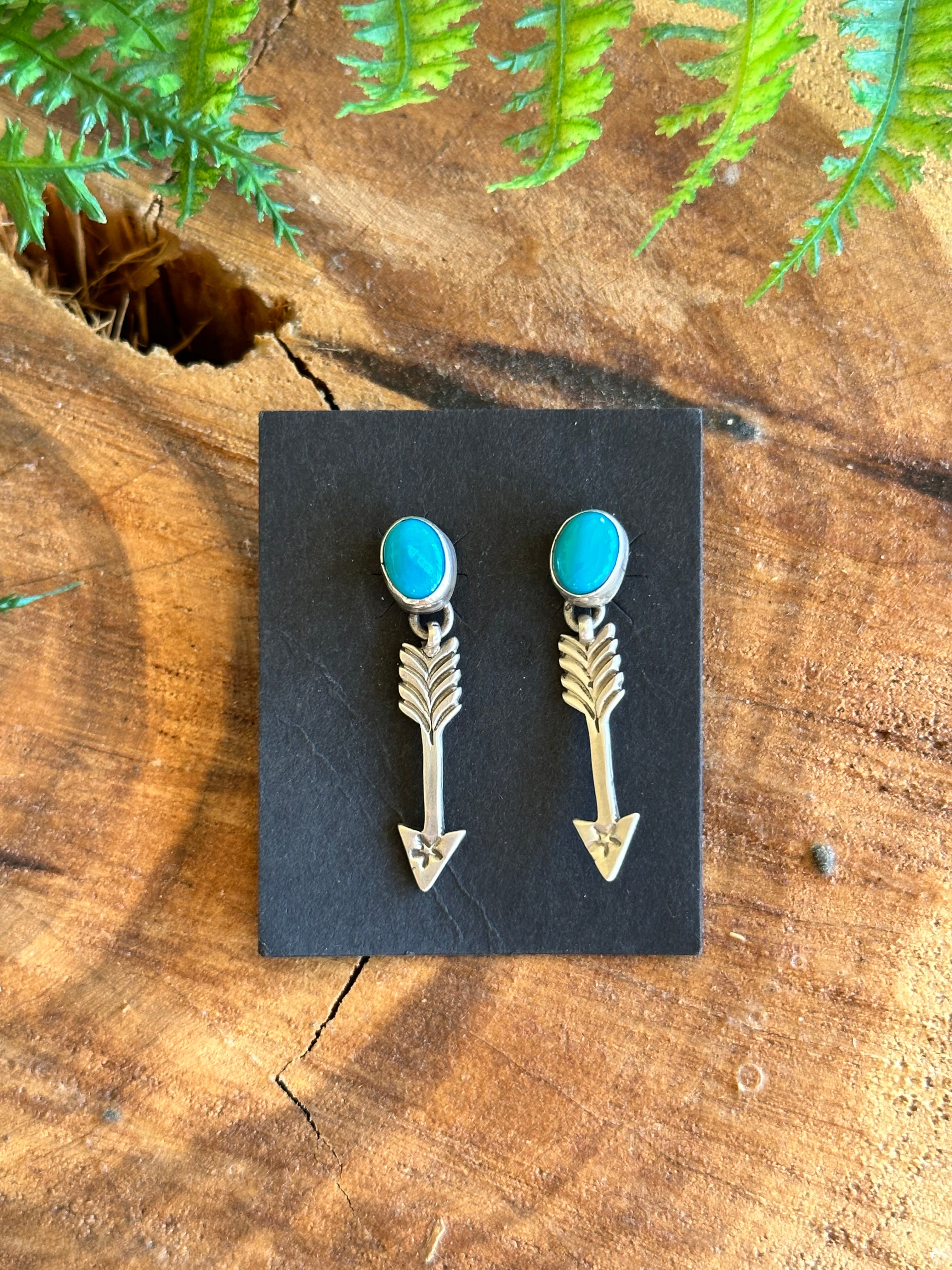 Navajo Made Kingman Turquoise Sterling Silver Post Dangle Arrow Earrings