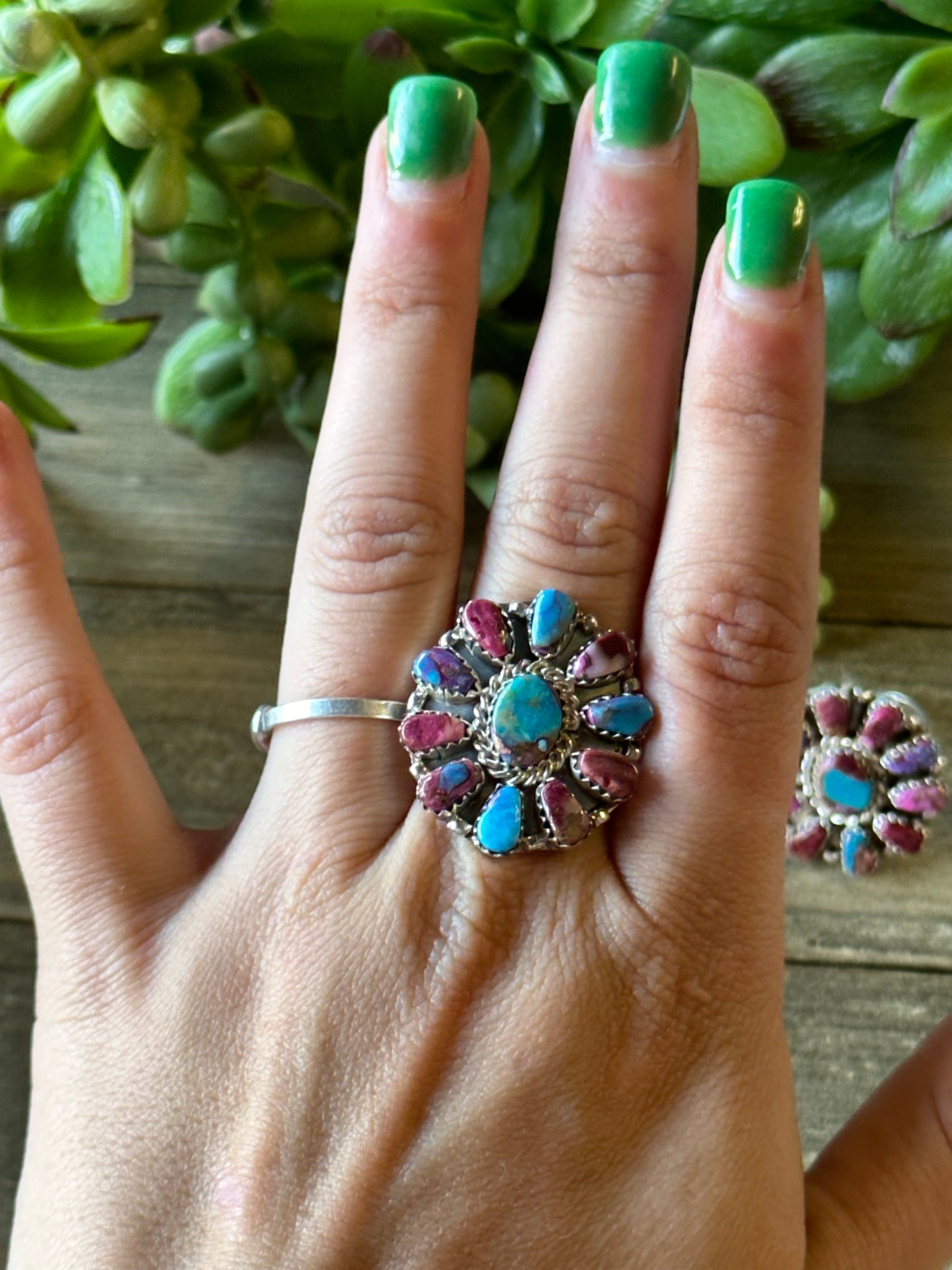 Navajo Made Pink Mohave Turquoise & Sterling Silver Cluster Ring