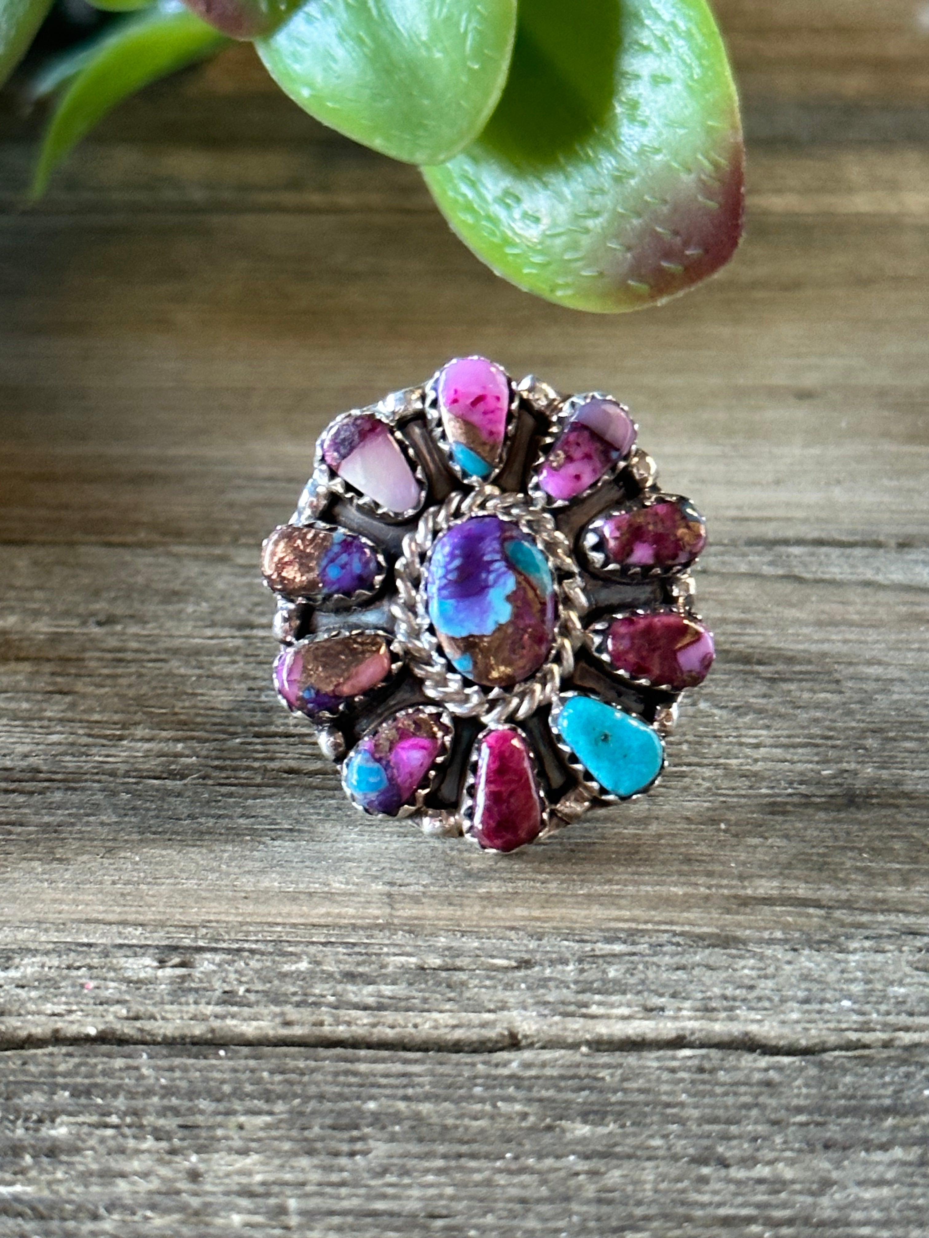 Navajo Made Pink Mohave Turquoise & Sterling Silver Cluster Ring