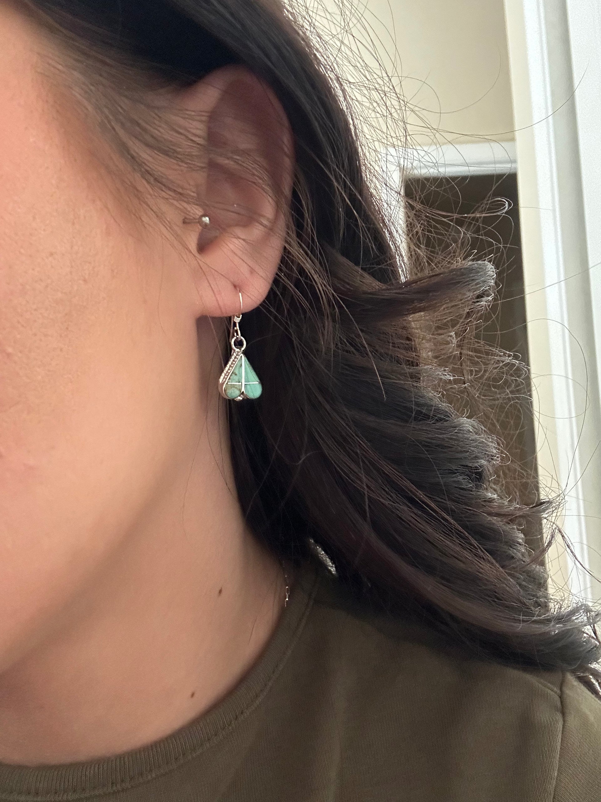 Vaelda Nastacio Kingman Turquoise & Sterling Silver Inlay Dangle Heart Earrings