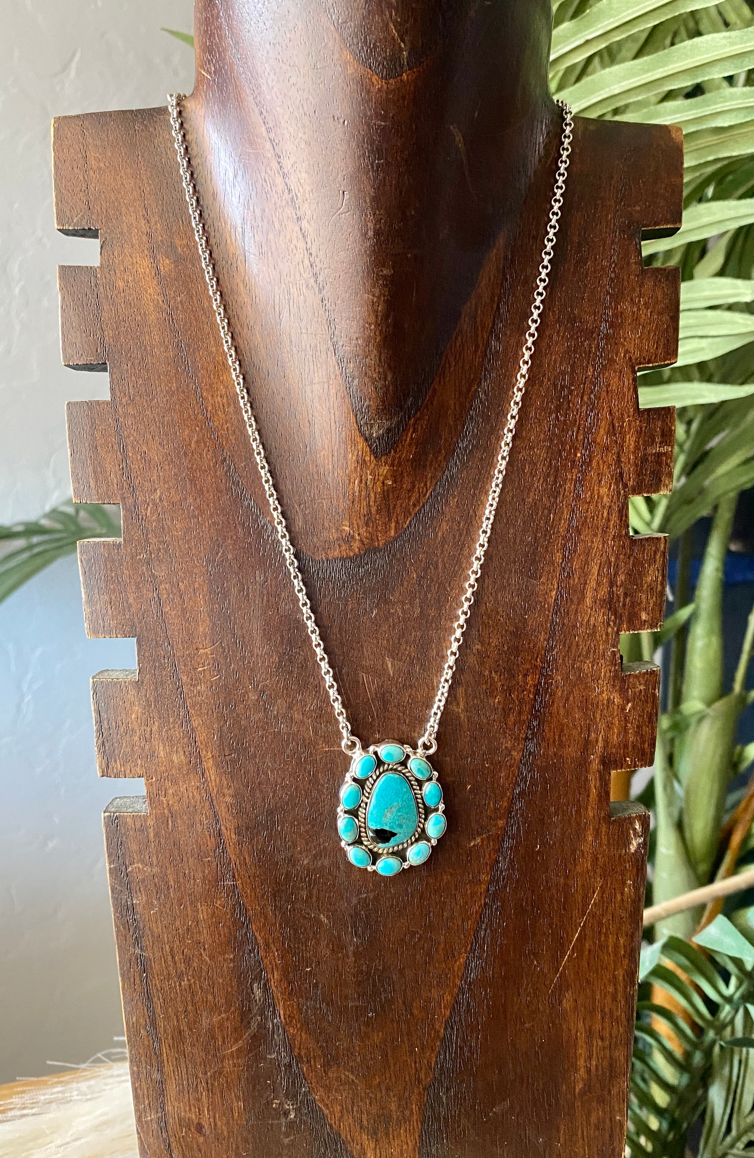 Southwest Handmade Kingman Turquoise & Sterling Silver Cluster Necklace