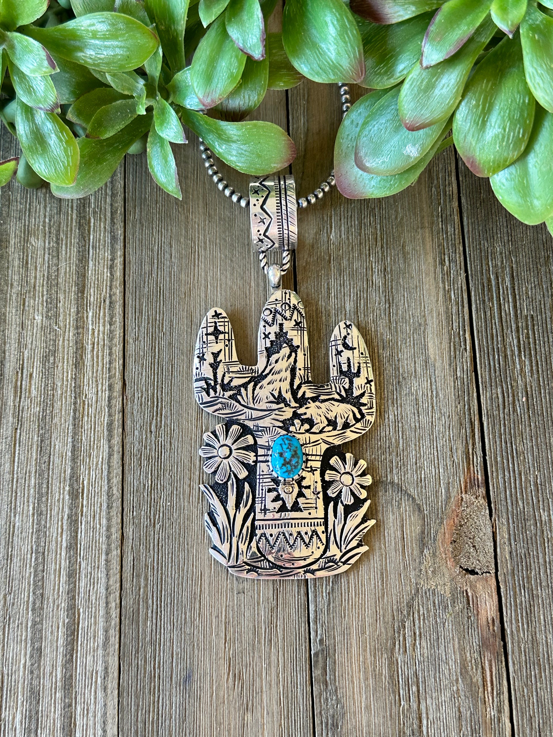 Tommy & Rose Singer Kingman Turquoise & Sterling Silver Cactus Pendant