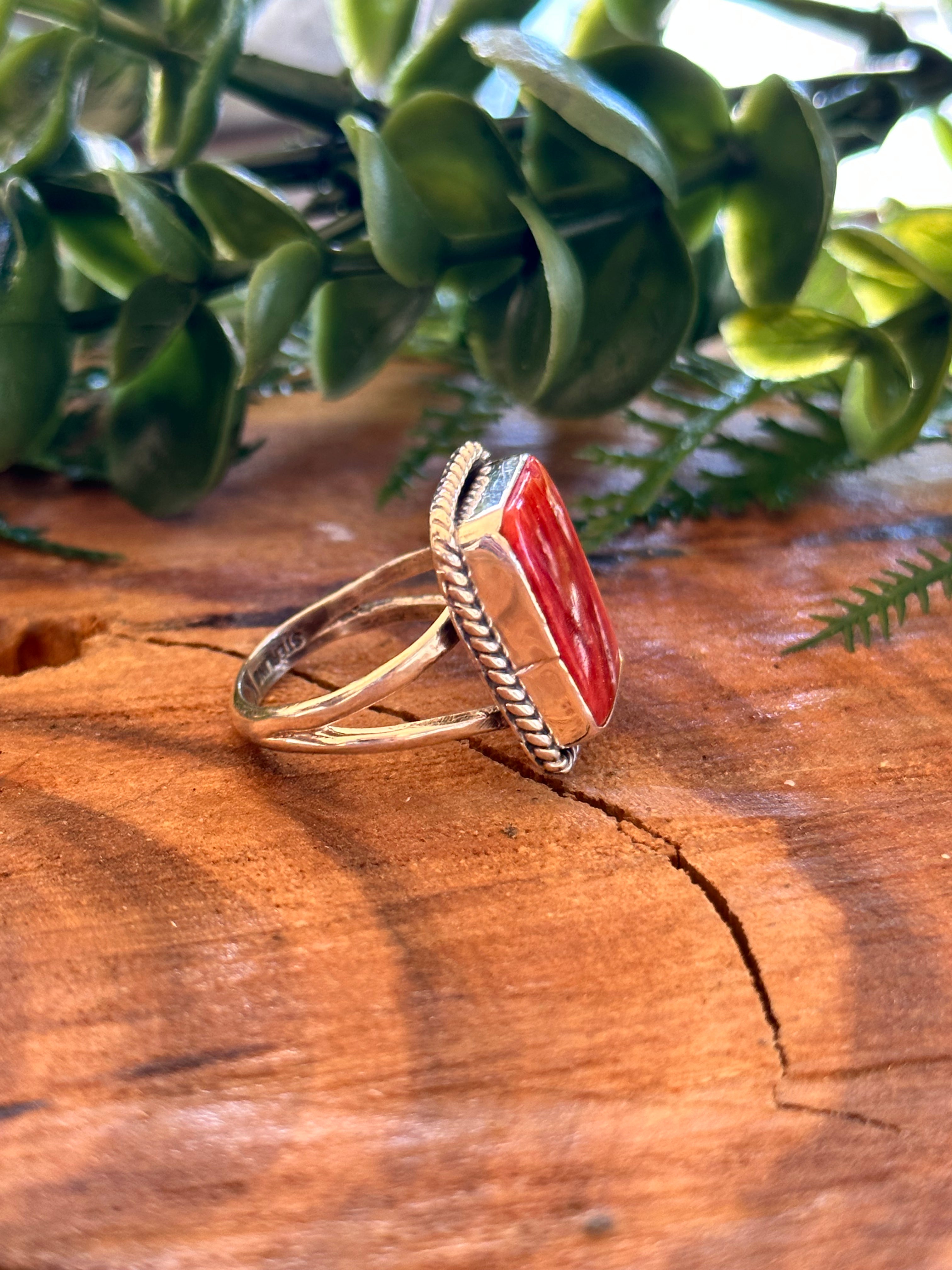 Navajo Made Red Spiny Oyster & Sterling Silver Ring Size 8.75