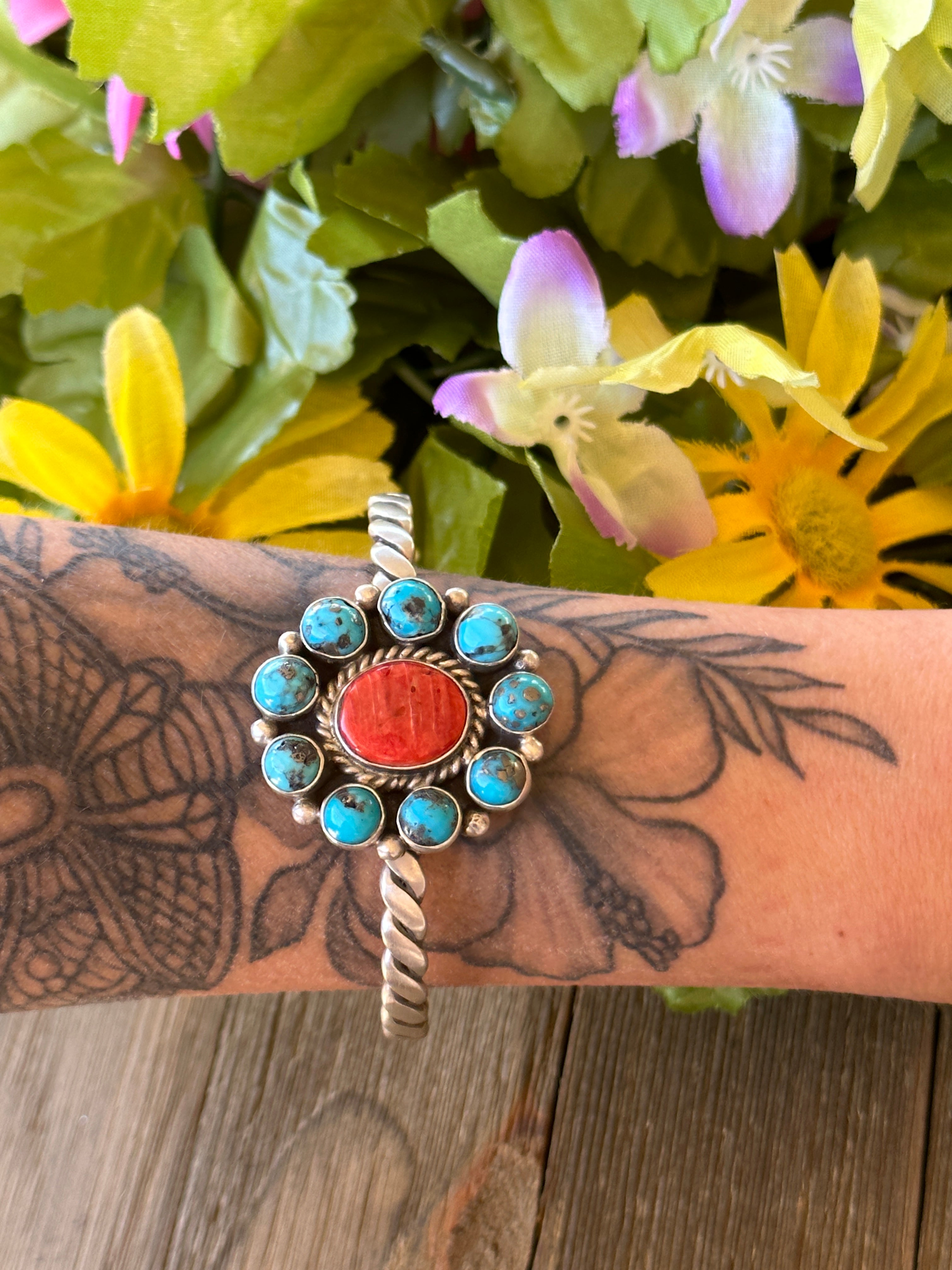 Navajo Made Multi Stone & Sterling Silver Cluster Cuff Bracelet